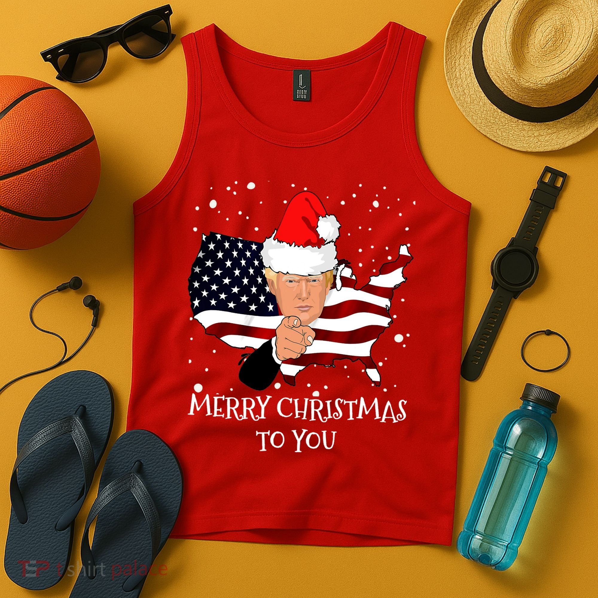 Merry Christmas President Trump Santa Hat America Flag Tank Top