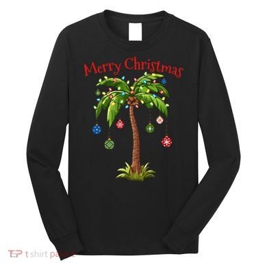 Merry Christmas Palm Tree Light Hawaiian Tropical Christmas Long Sleeve Shirt