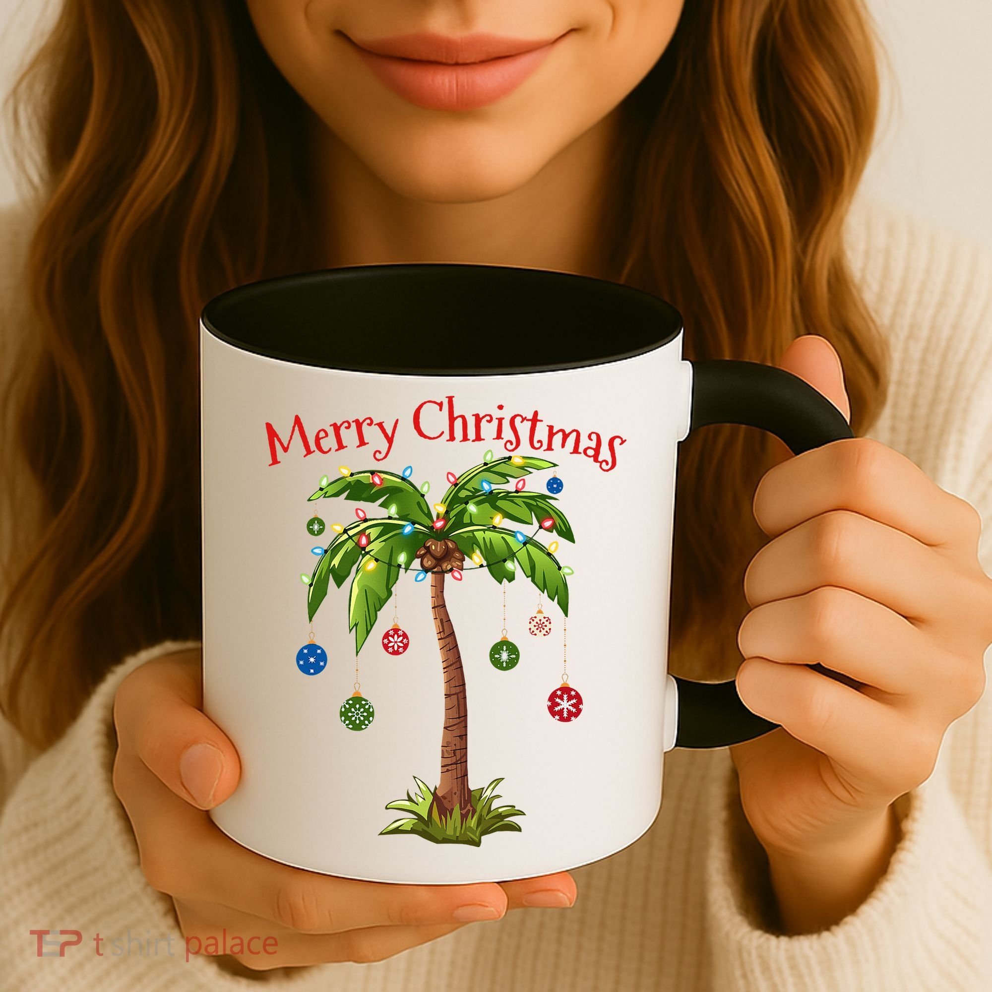 Merry Christmas Palm Tree Light Hawaiian Tropical Christmas Coffee Mug