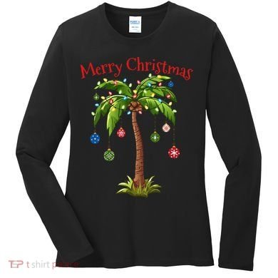 Merry Christmas Palm Tree Light Hawaiian Tropical Christmas Women's Long Sleeve Shirt