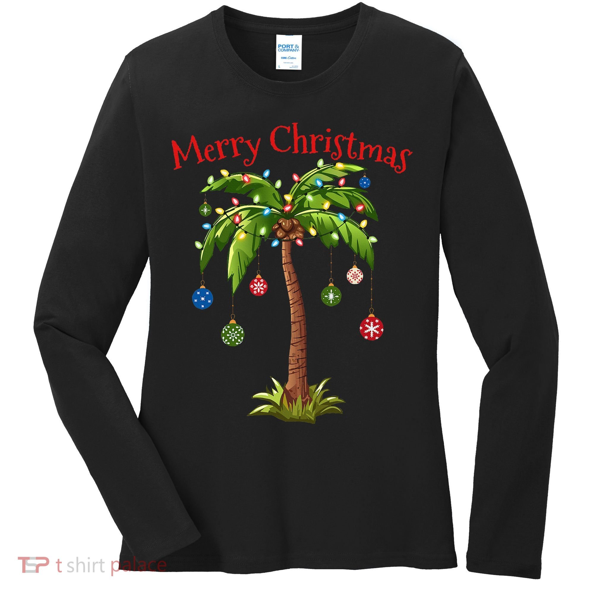 Merry Christmas Palm Tree Light Hawaiian Tropical Christmas Women's Long Sleeve Shirt