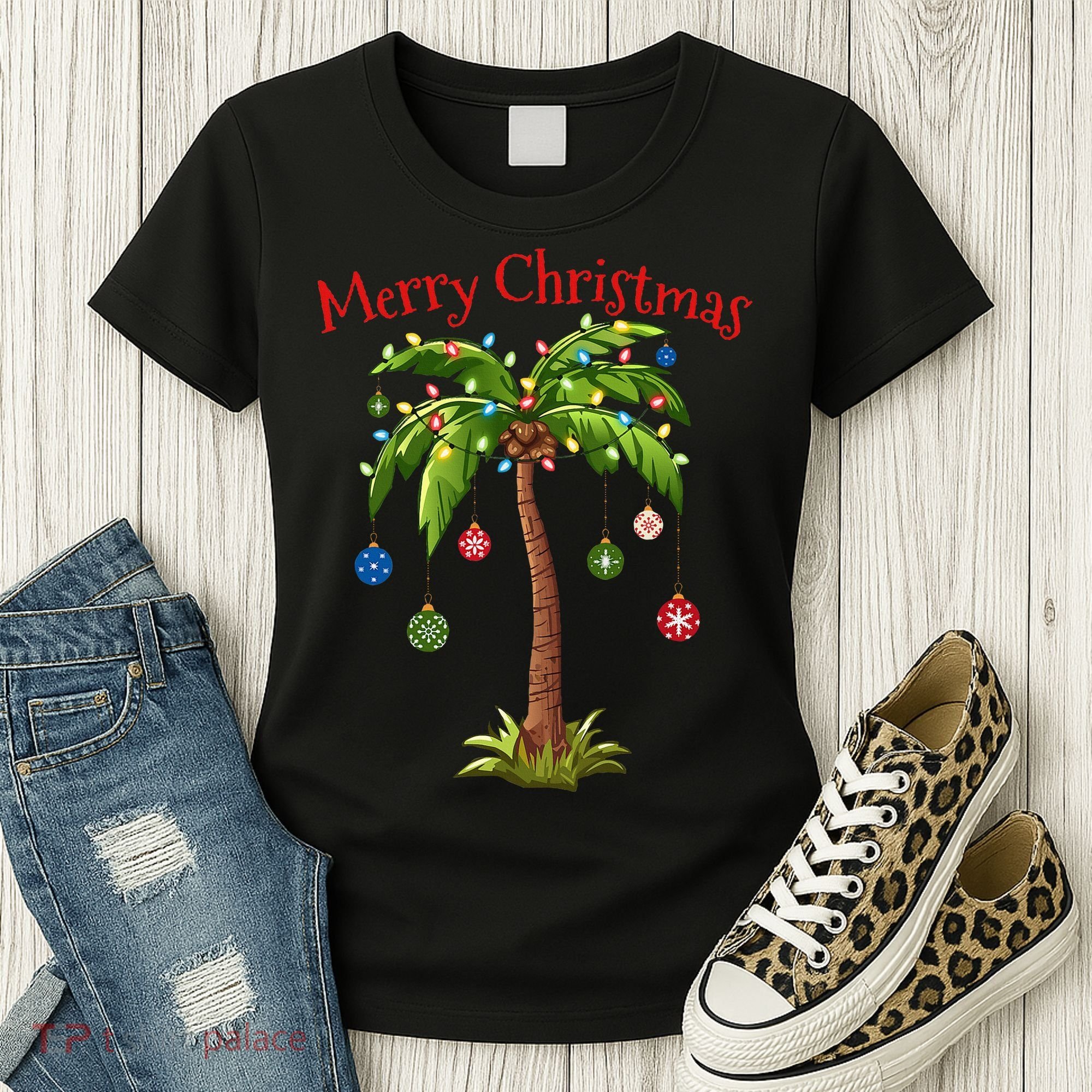 Merry Christmas Palm Tree Light Hawaiian Tropical Christmas Women's T-Shirt