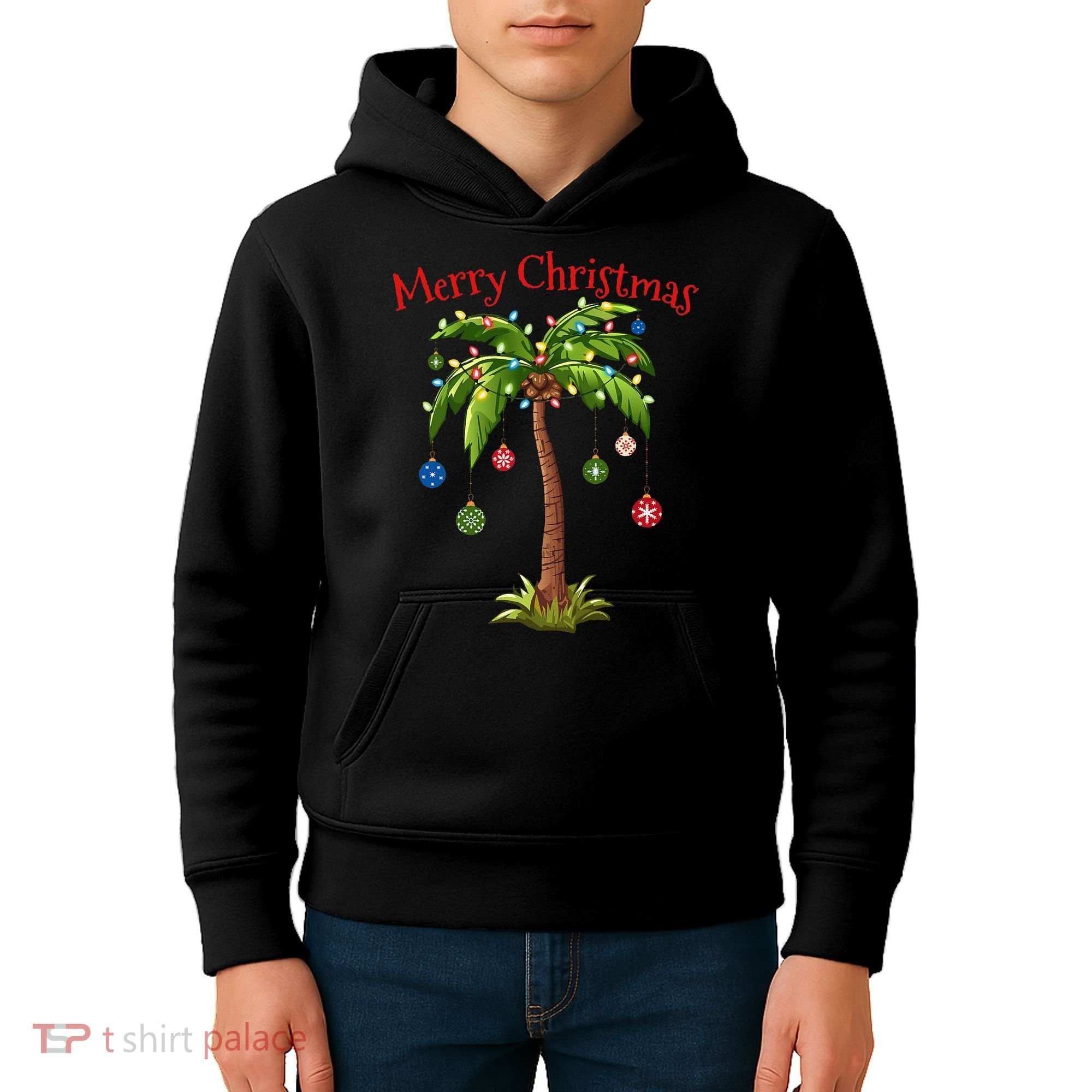 Merry Christmas Palm Tree Light Hawaiian Tropical Christmas Kids Hoodie
