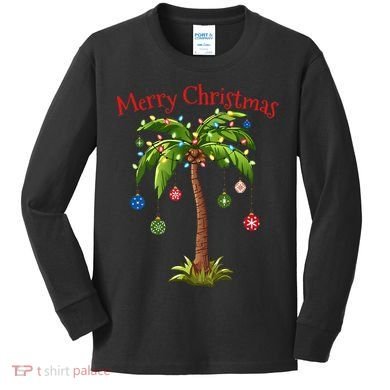 Merry Christmas Palm Tree Light Hawaiian Tropical Christmas Kids Long Sleeve Shirt