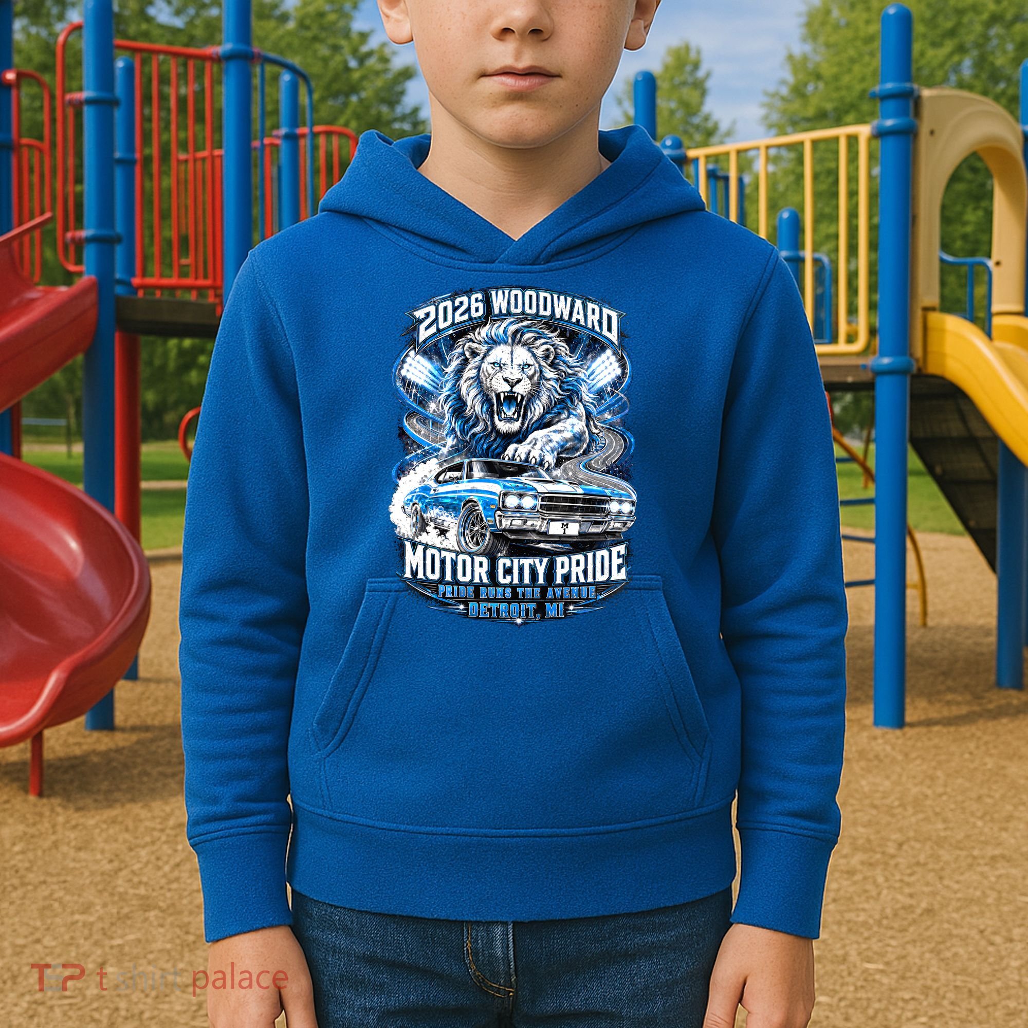 Motor City Pride 2026 Cruising Roaring Down Woodward Kids Hoodie