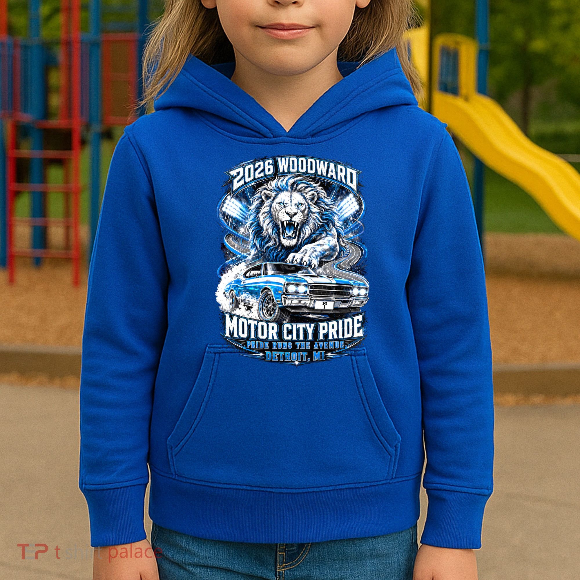Motor City Pride 2026 Cruising Roaring Down Woodward Kids Hoodie