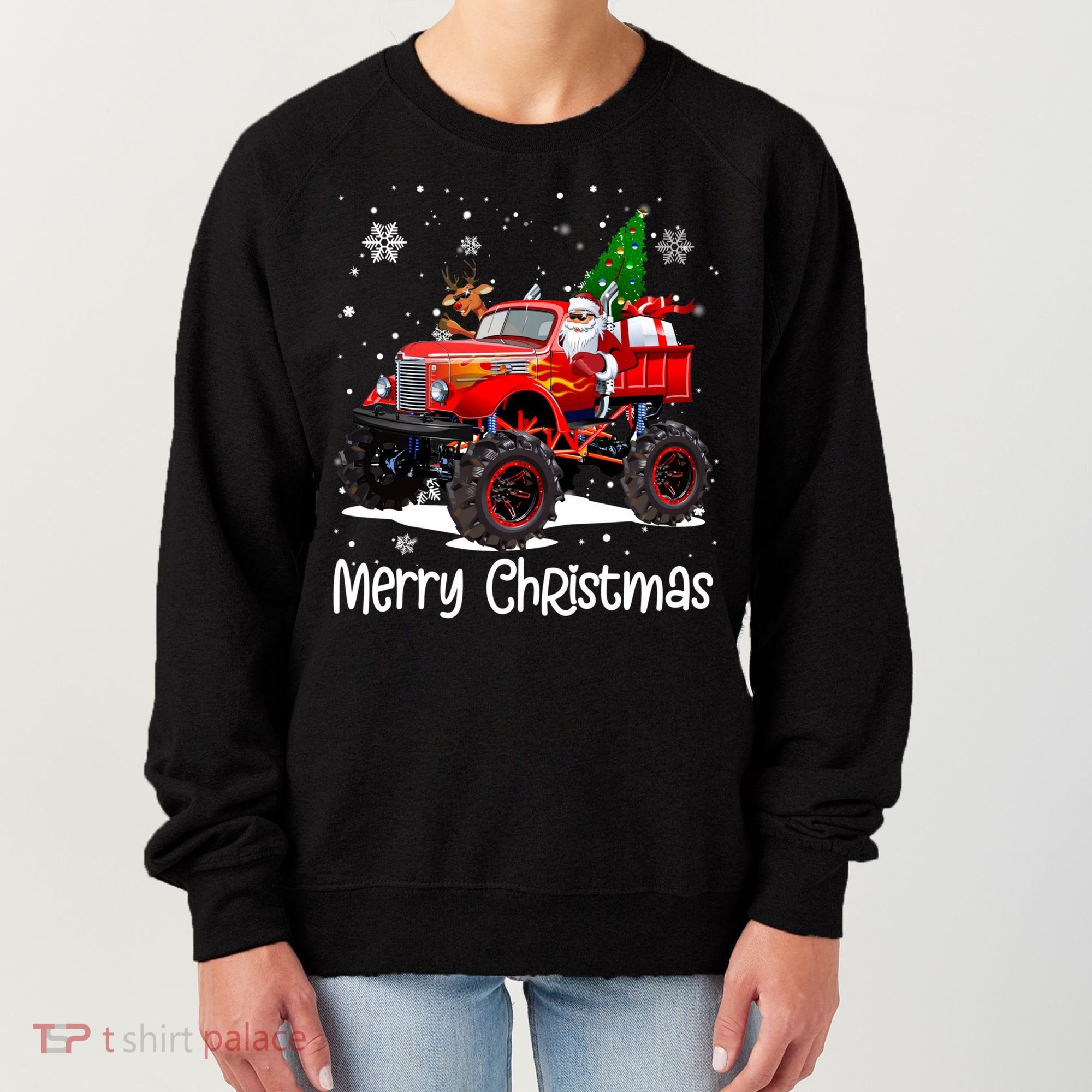 Merry Christmas Reindeer With Santa Driving Monster Truck Women's Sweatshirt