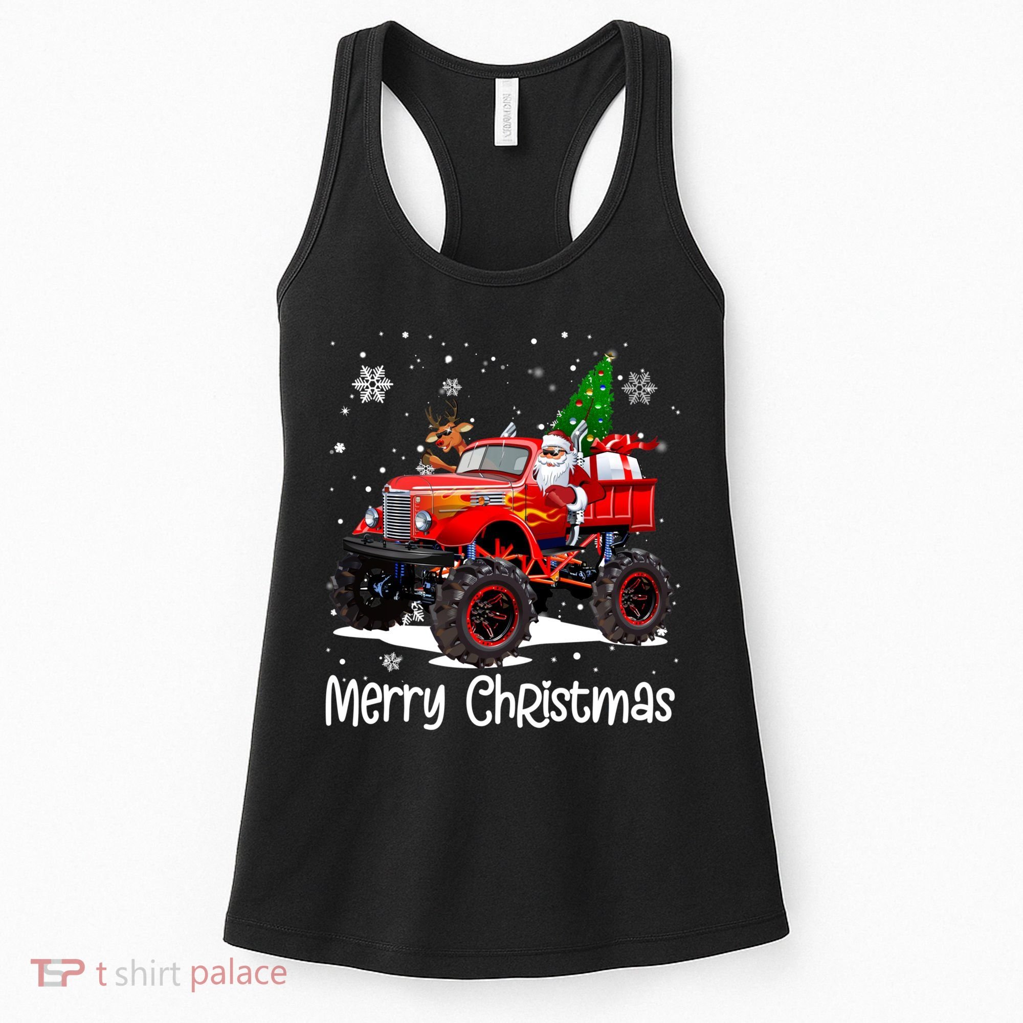 Merry Christmas Reindeer With Santa Driving Monster Truck Women's Tank Top
