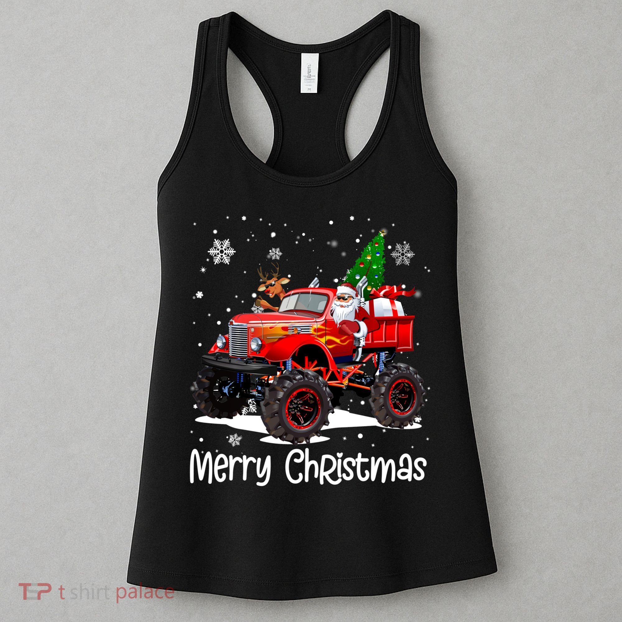 Merry Christmas Reindeer With Santa Driving Monster Truck Women's Tank Top