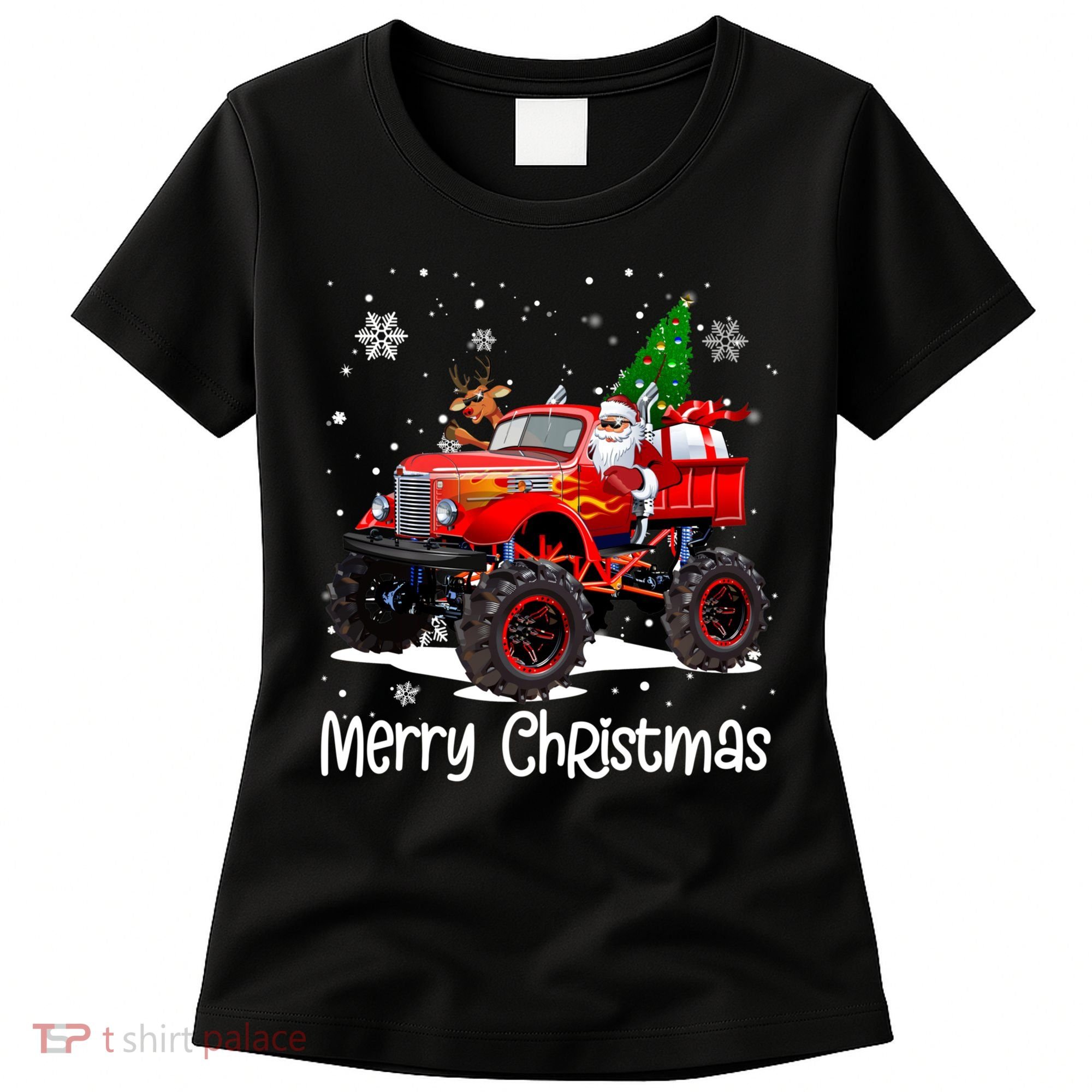 Merry Christmas Reindeer With Santa Driving Monster Truck Women's T-Shirt