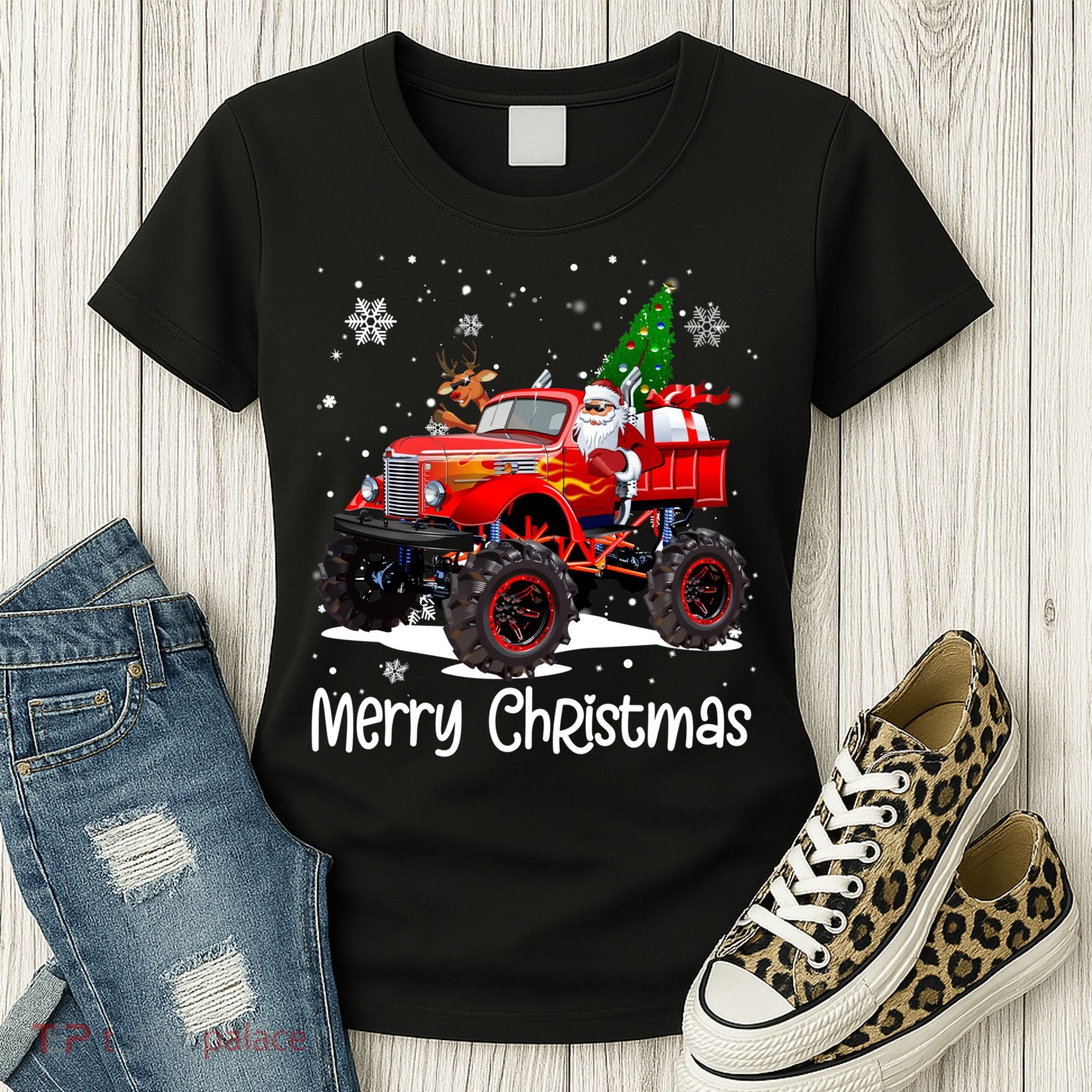 Merry Christmas Reindeer With Santa Driving Monster Truck Women's T-Shirt