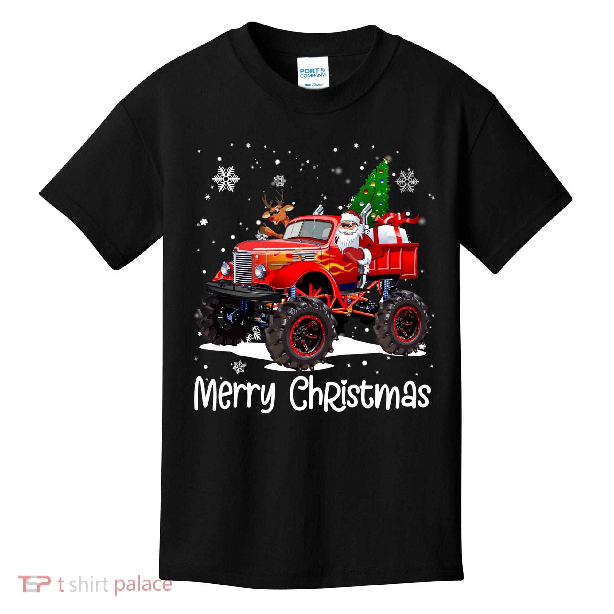 Merry Christmas Reindeer With Santa Driving Monster Truck Kids T-Shirt