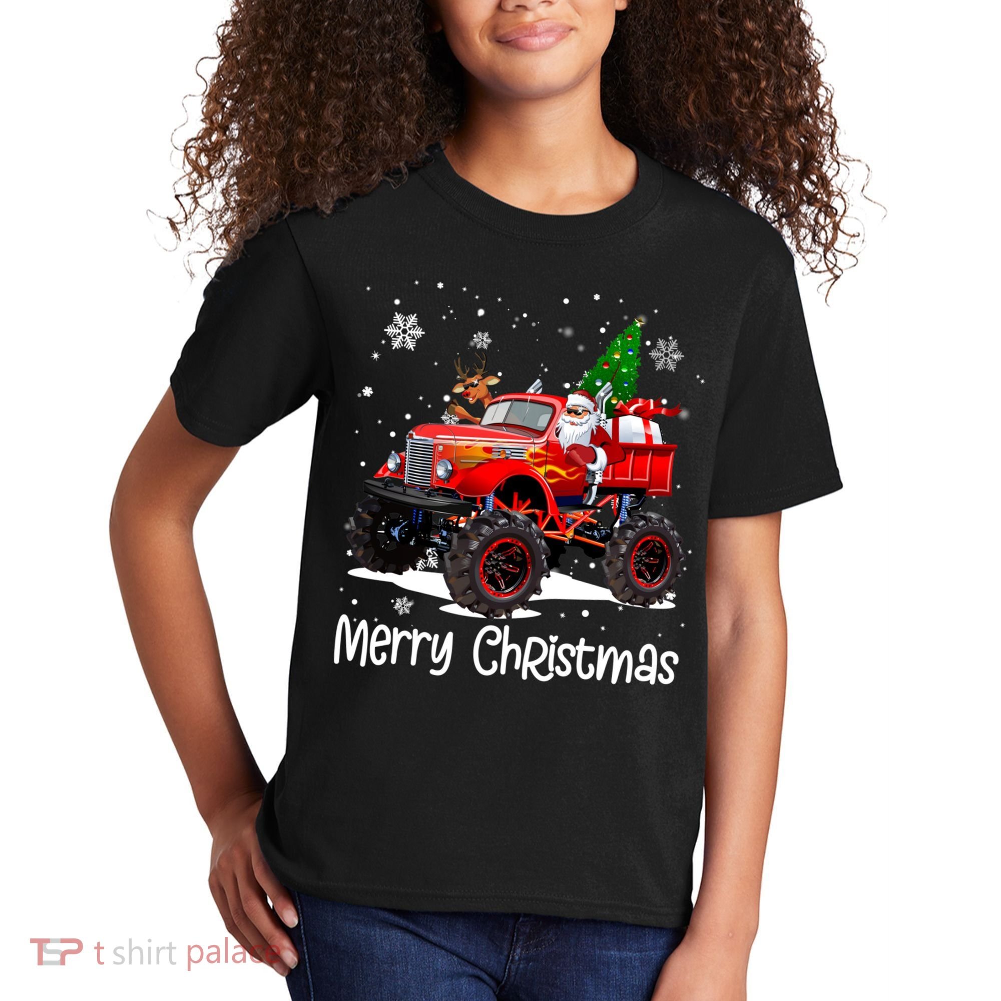 Merry Christmas Reindeer With Santa Driving Monster Truck Kids T-Shirt