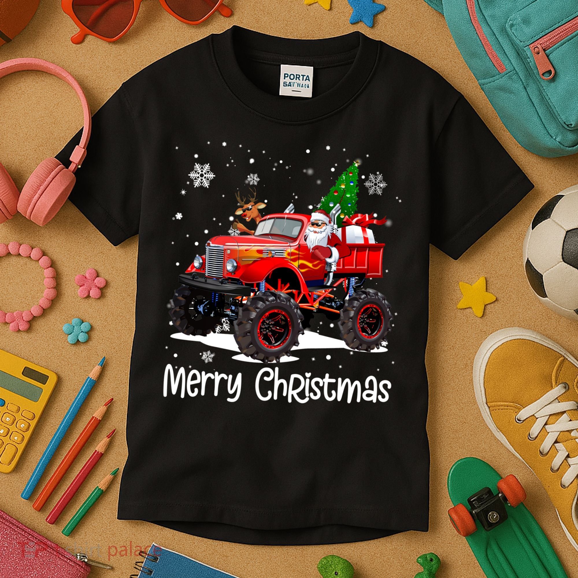 Merry Christmas Reindeer With Santa Driving Monster Truck Kids T-Shirt