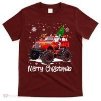 Merry Christmas Reindeer With Santa Driving Monster Truck T-Shirt thumb 0