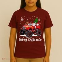 Merry Christmas Reindeer With Santa Driving Monster Truck T-Shirt thumb 4