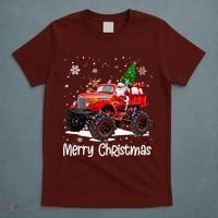 Merry Christmas Reindeer With Santa Driving Monster Truck T-Shirt thumb 5