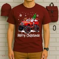 Merry Christmas Reindeer With Santa Driving Monster Truck T-Shirt thumb 6
