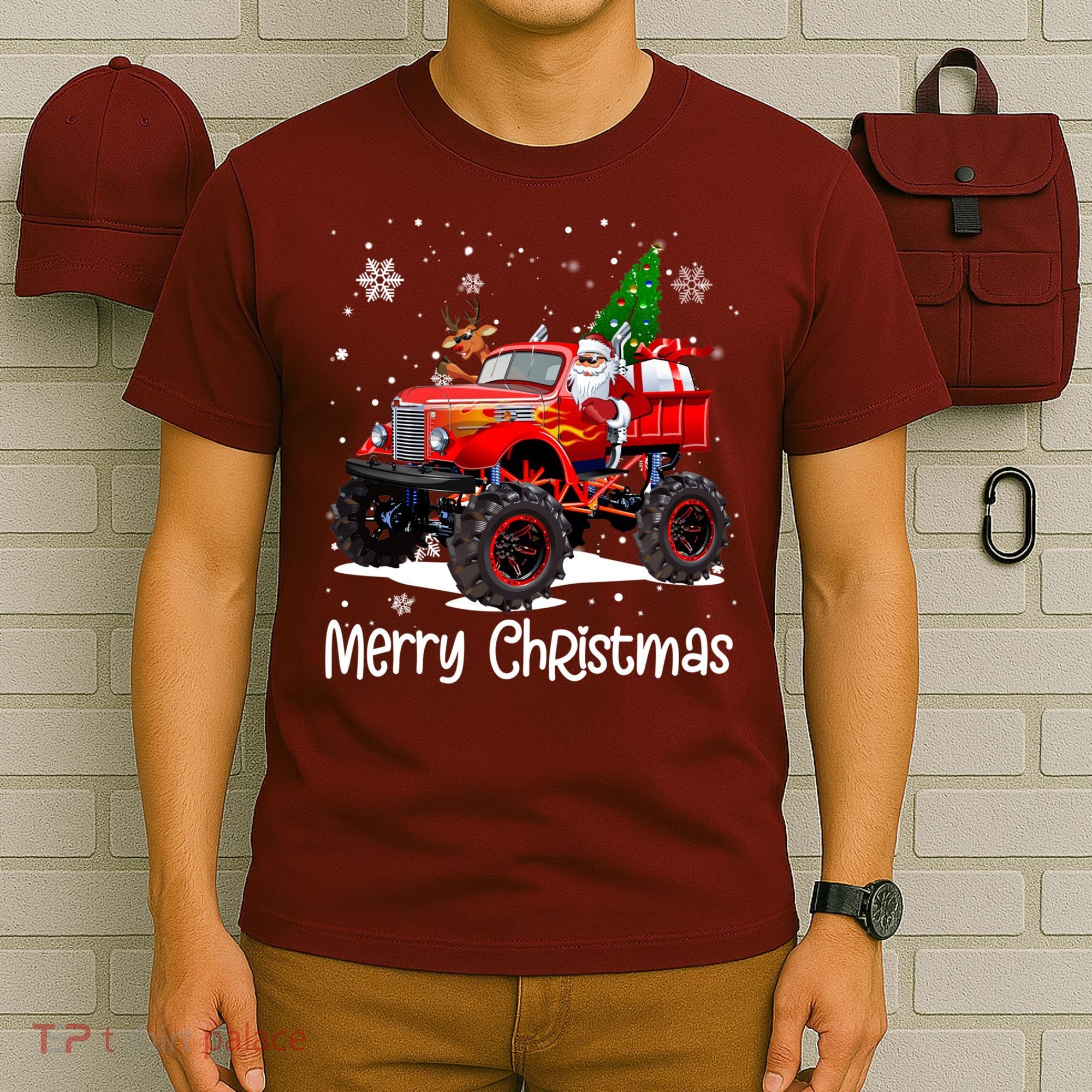 Merry Christmas Reindeer With Santa Driving Monster Truck T-Shirt