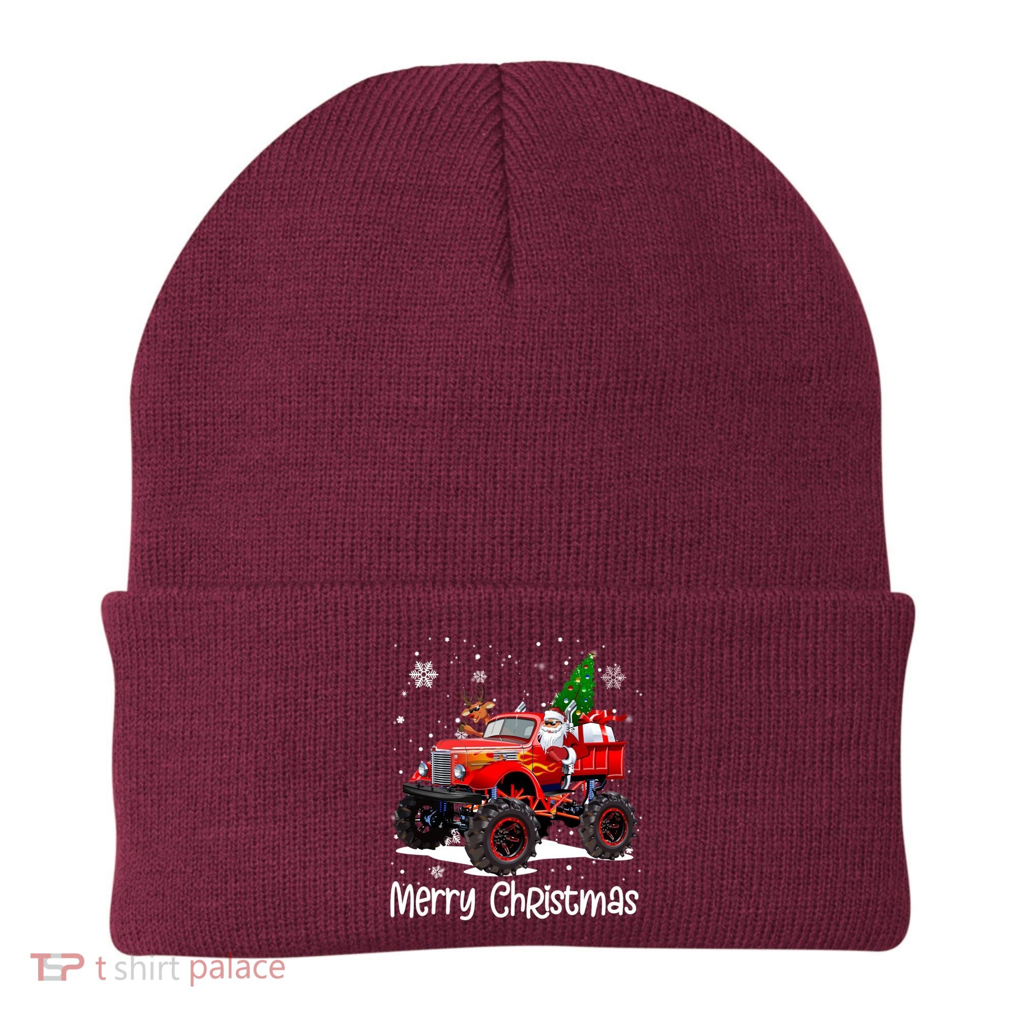 Merry Christmas Reindeer With Santa Driving Monster Truck Beanie