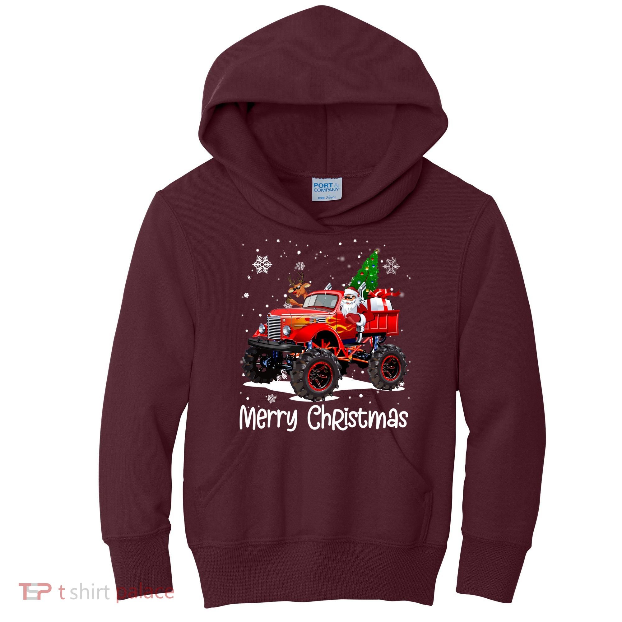 Merry Christmas Reindeer With Santa Driving Monster Truck Kids Hoodie