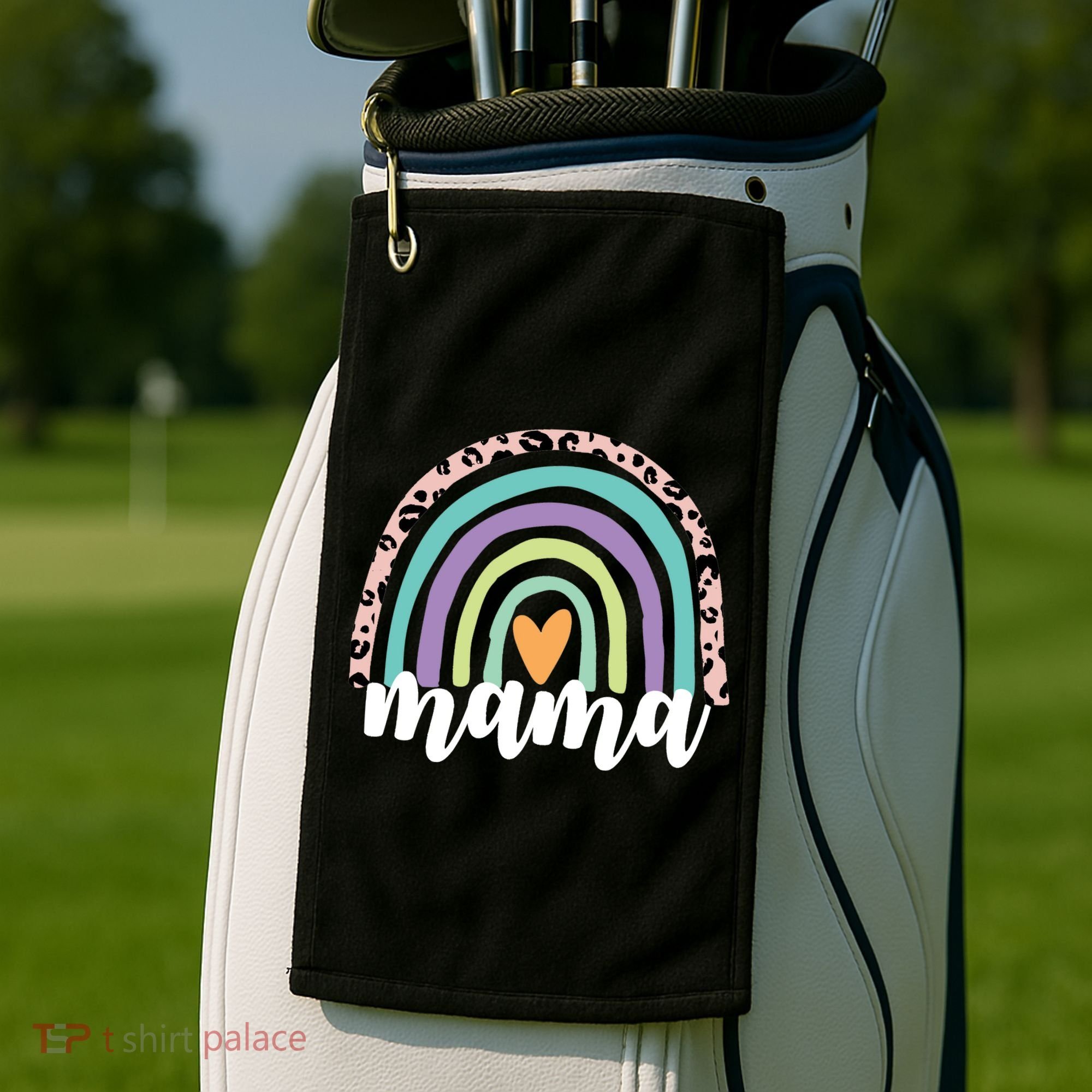 Mama Cheetah Rainbow Heart Golf Towel