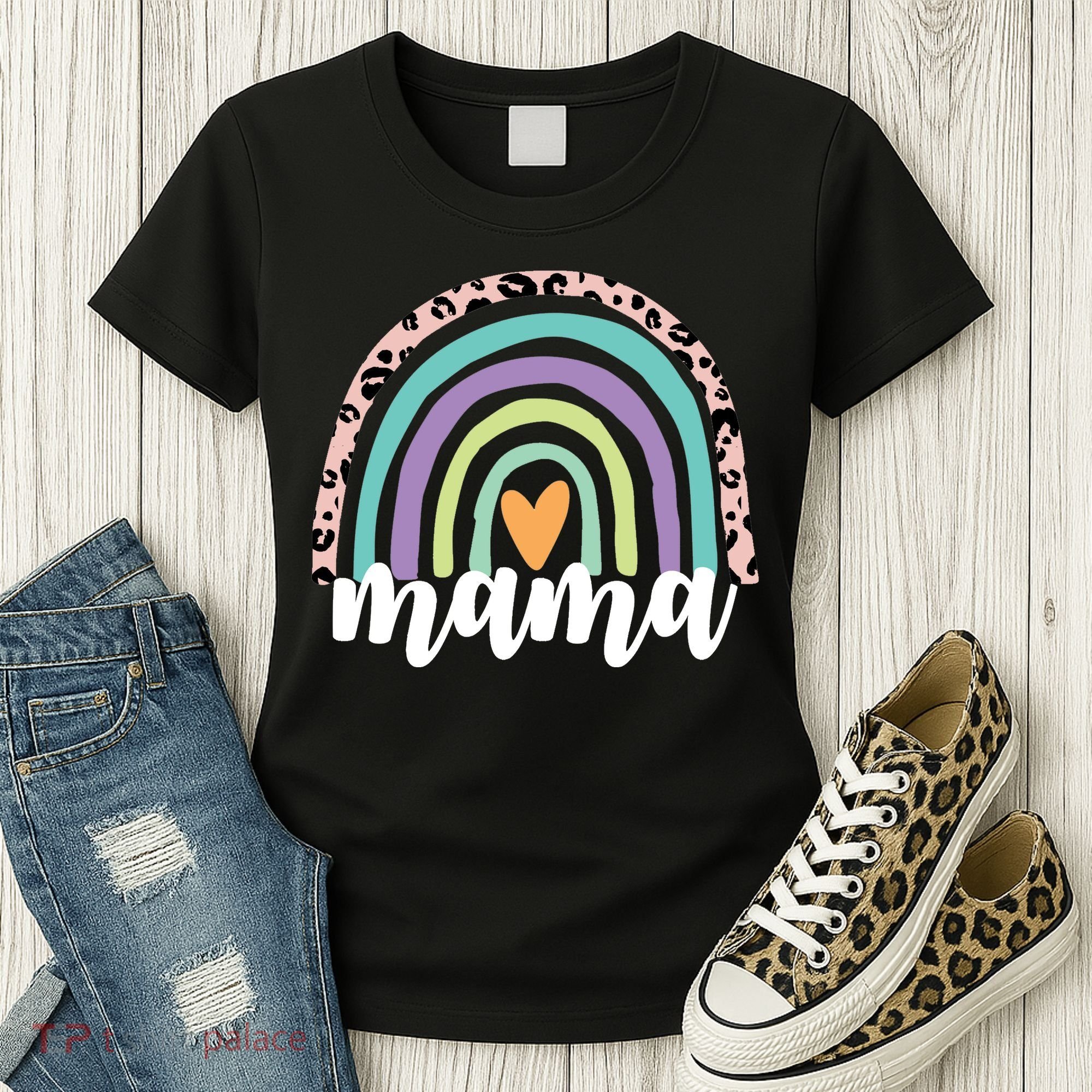 Mama Cheetah Rainbow Heart Women's T-Shirt