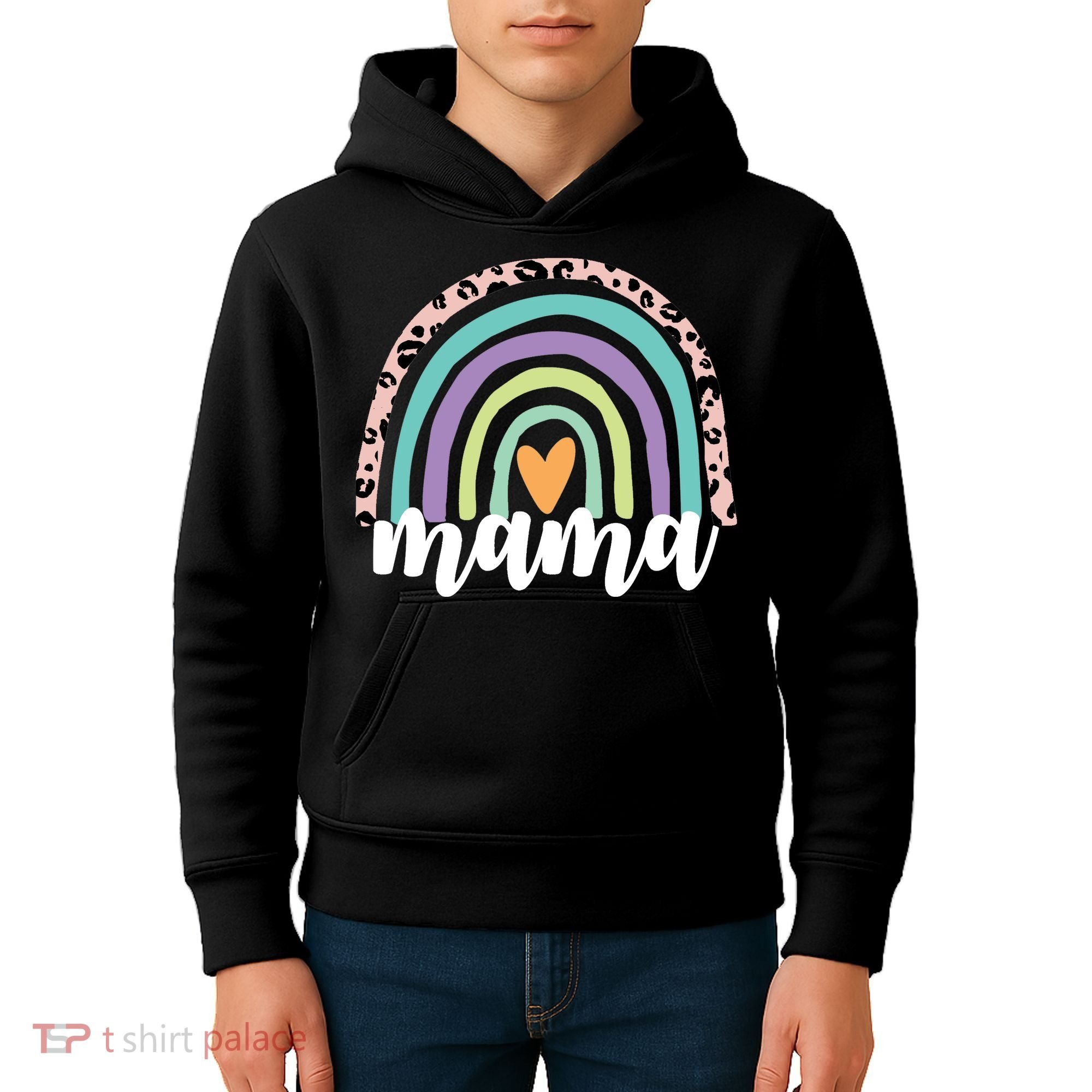 Mama Cheetah Rainbow Heart Kids Hoodie