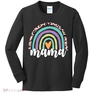 Mama Cheetah Rainbow Heart Kids Long Sleeve Shirt