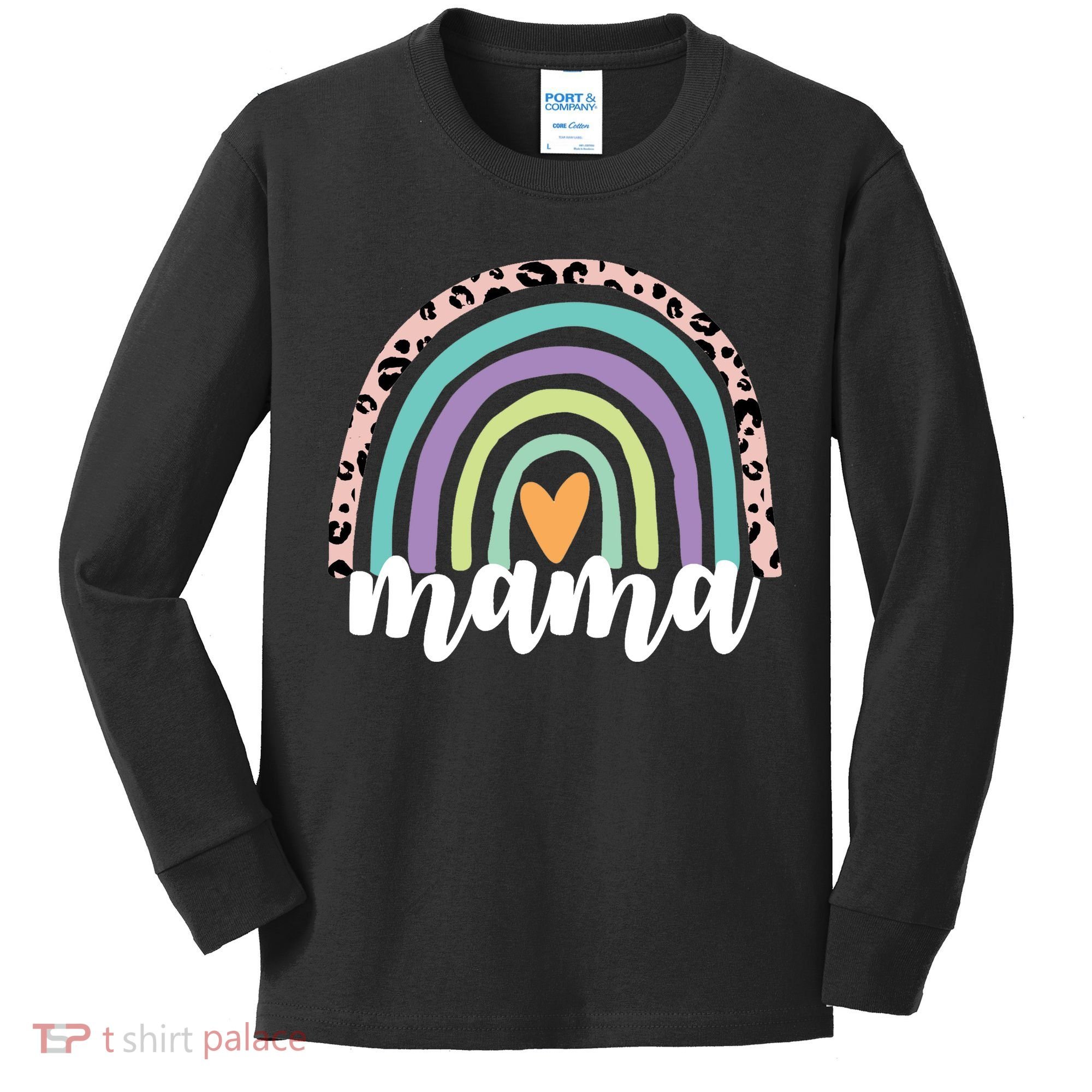 Mama Cheetah Rainbow Heart Kids Long Sleeve Shirt