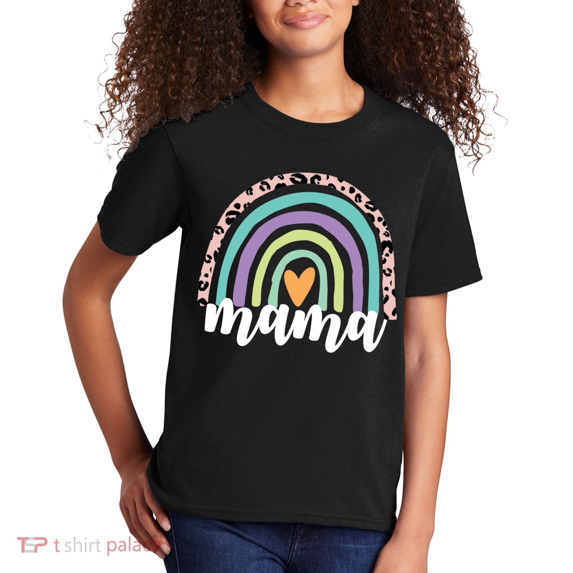 Mama Cheetah Rainbow Heart Kids T-Shirt