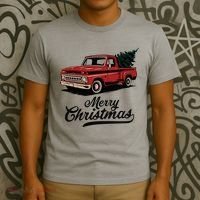 Merry Christmas Red Truck Vintage Retro Holiday T-Shirt thumb 3
