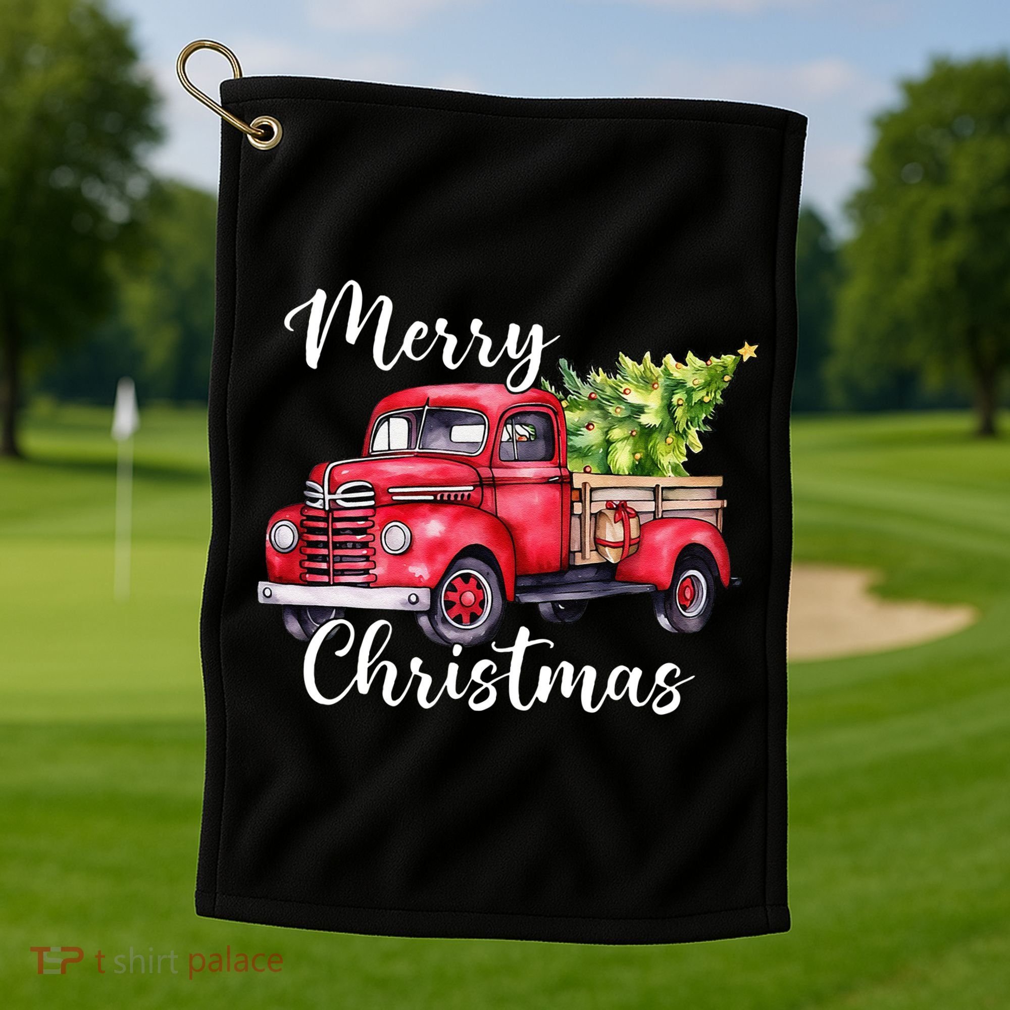 Merry Christmas Red Truck Golf Towel