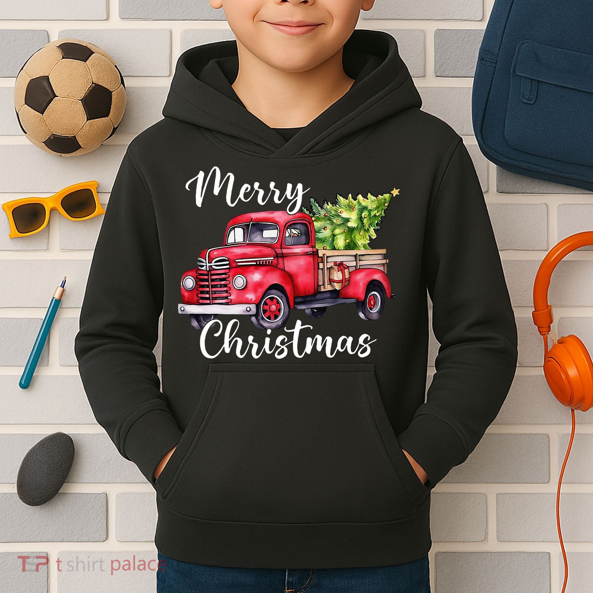 Merry Christmas Red Truck Kids Hoodie