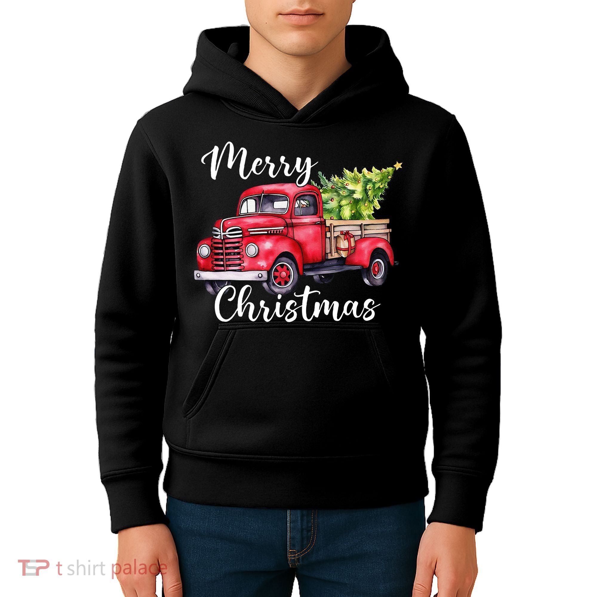 Merry Christmas Red Truck Kids Hoodie
