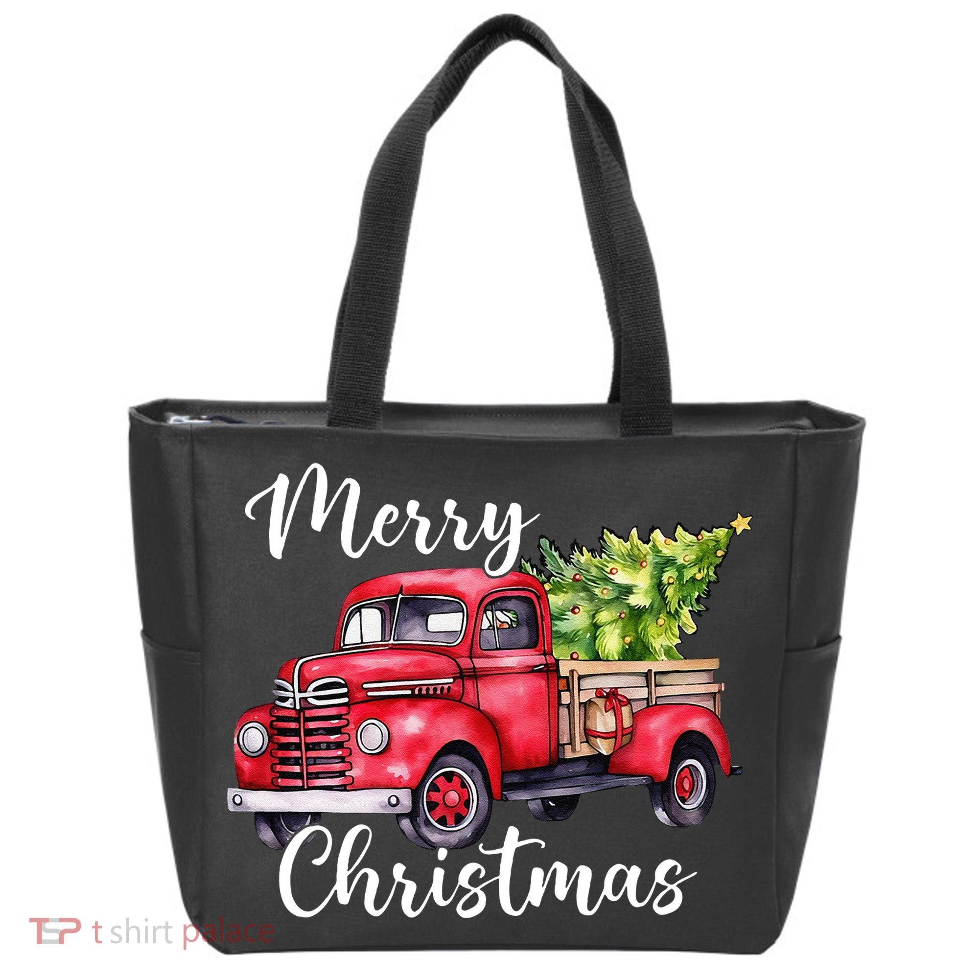 Merry Christmas Red Truck Tote Bag