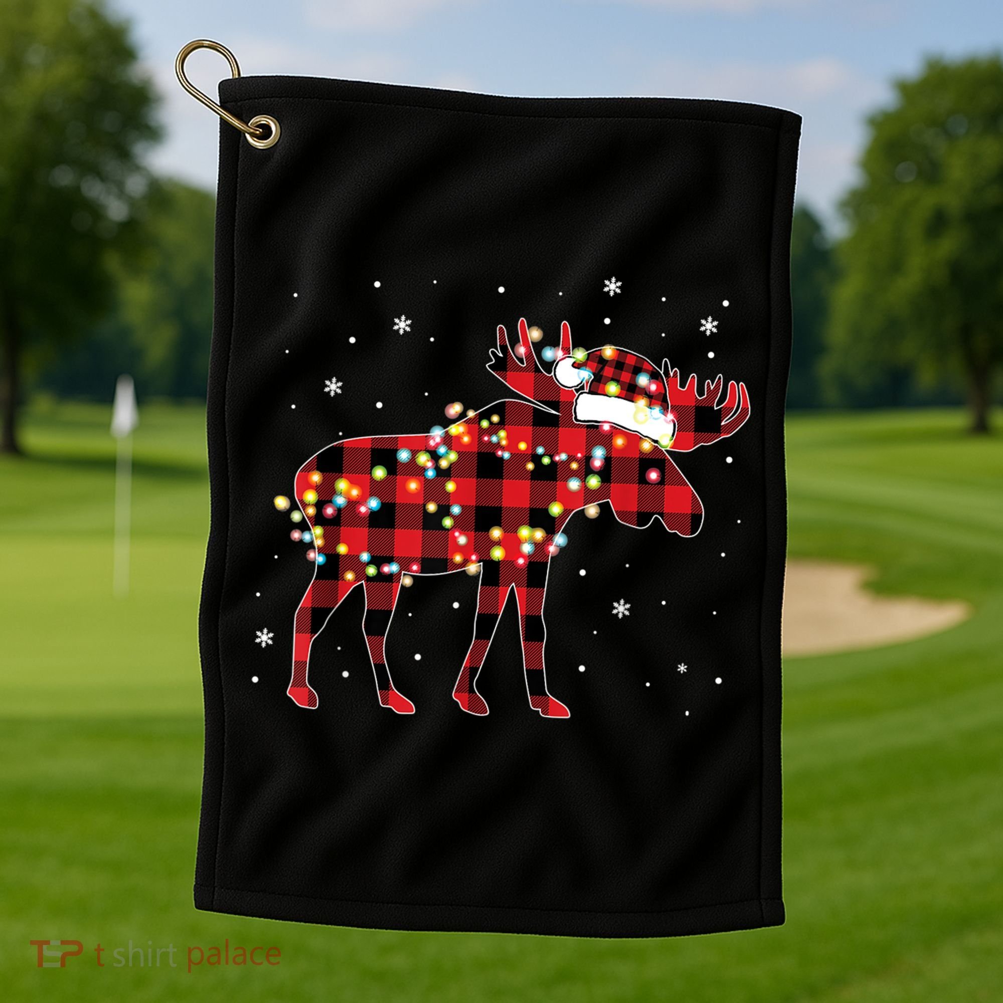 Moose Christmas Red Plaid Buffalo Pajama Matching Gift TShirt Golf Towel