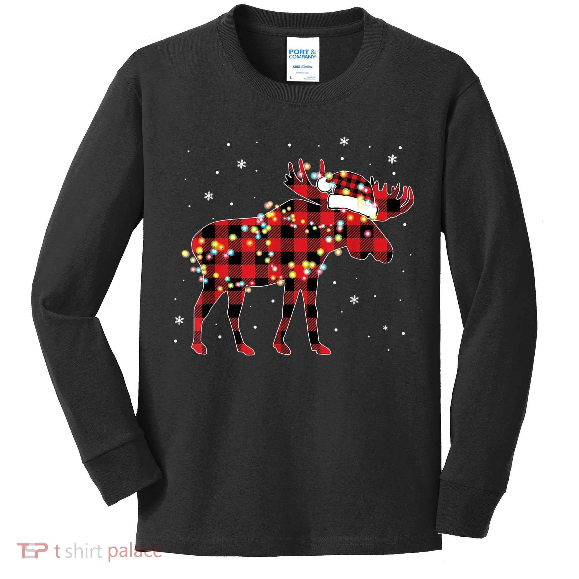 Moose Christmas Red Plaid Buffalo Pajama Matching Gift TShirt Kids Long Sleeve Shirt