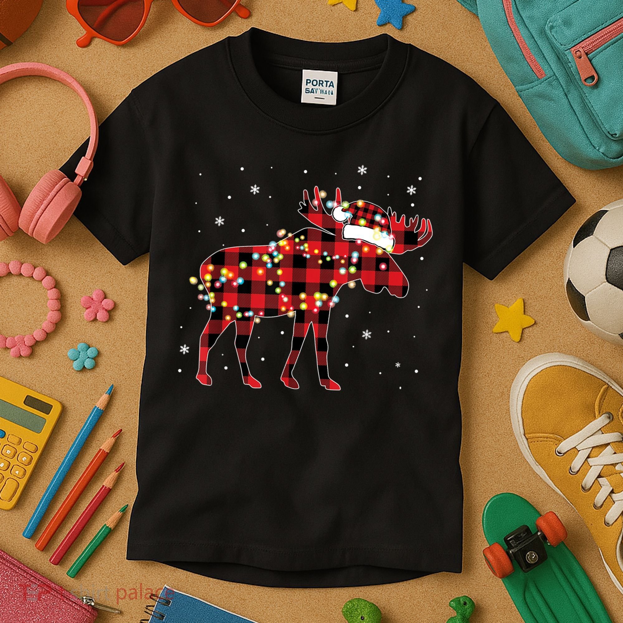 Moose Christmas Red Plaid Buffalo Pajama Matching Gift TShirt Kids T-Shirt