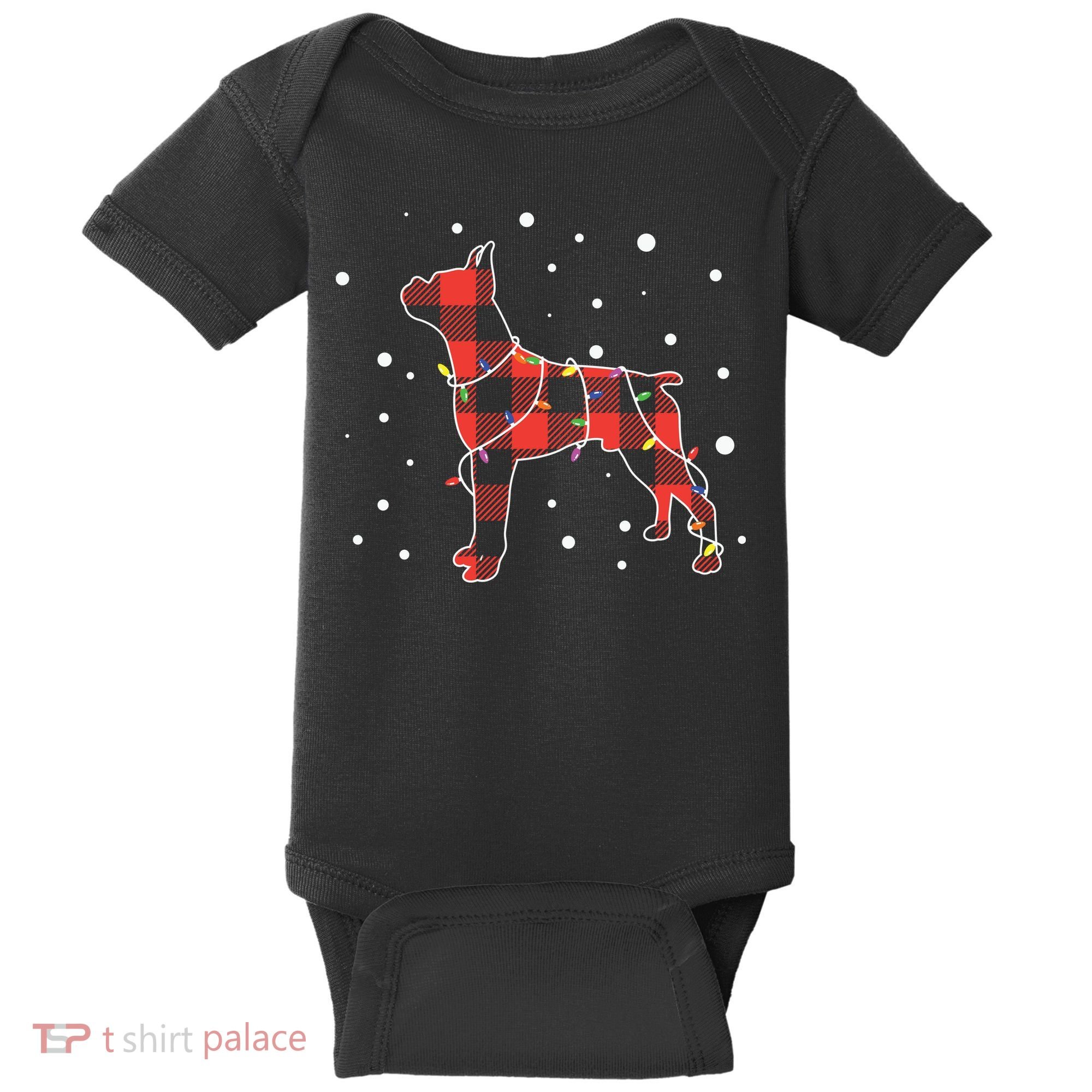 Merry Christmas Red Plaid Pitbull, Snowman, Christmas Lights, Christmas Tree Baby Bodysuit