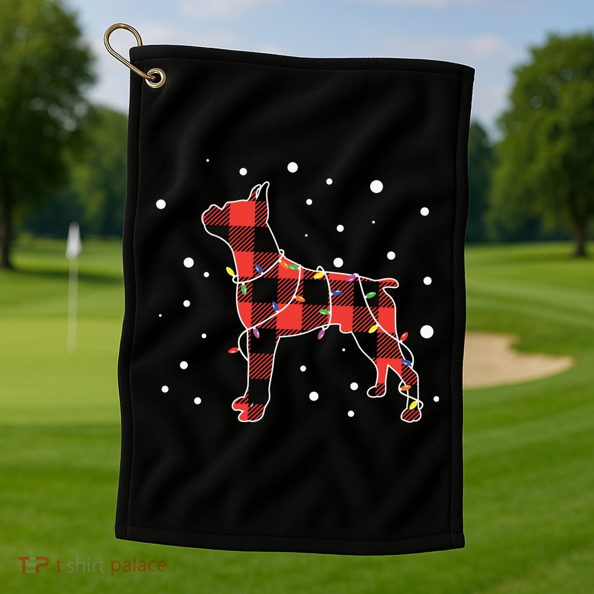 Merry Christmas Red Plaid Pitbull, Snowman, Christmas Lights, Christmas Tree Golf Towel