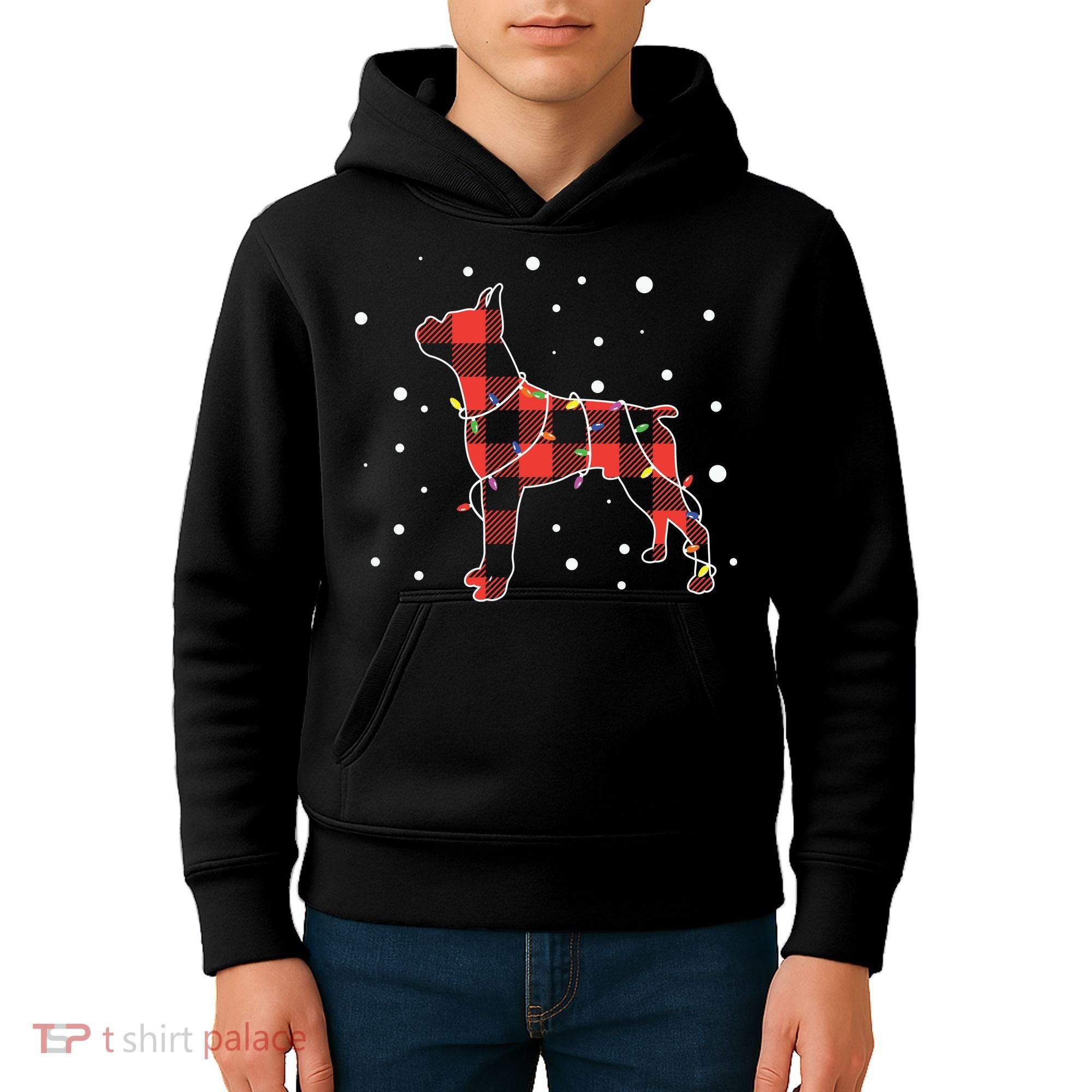 Merry Christmas Red Plaid Pitbull, Snowman, Christmas Lights, Christmas Tree Kids Hoodie