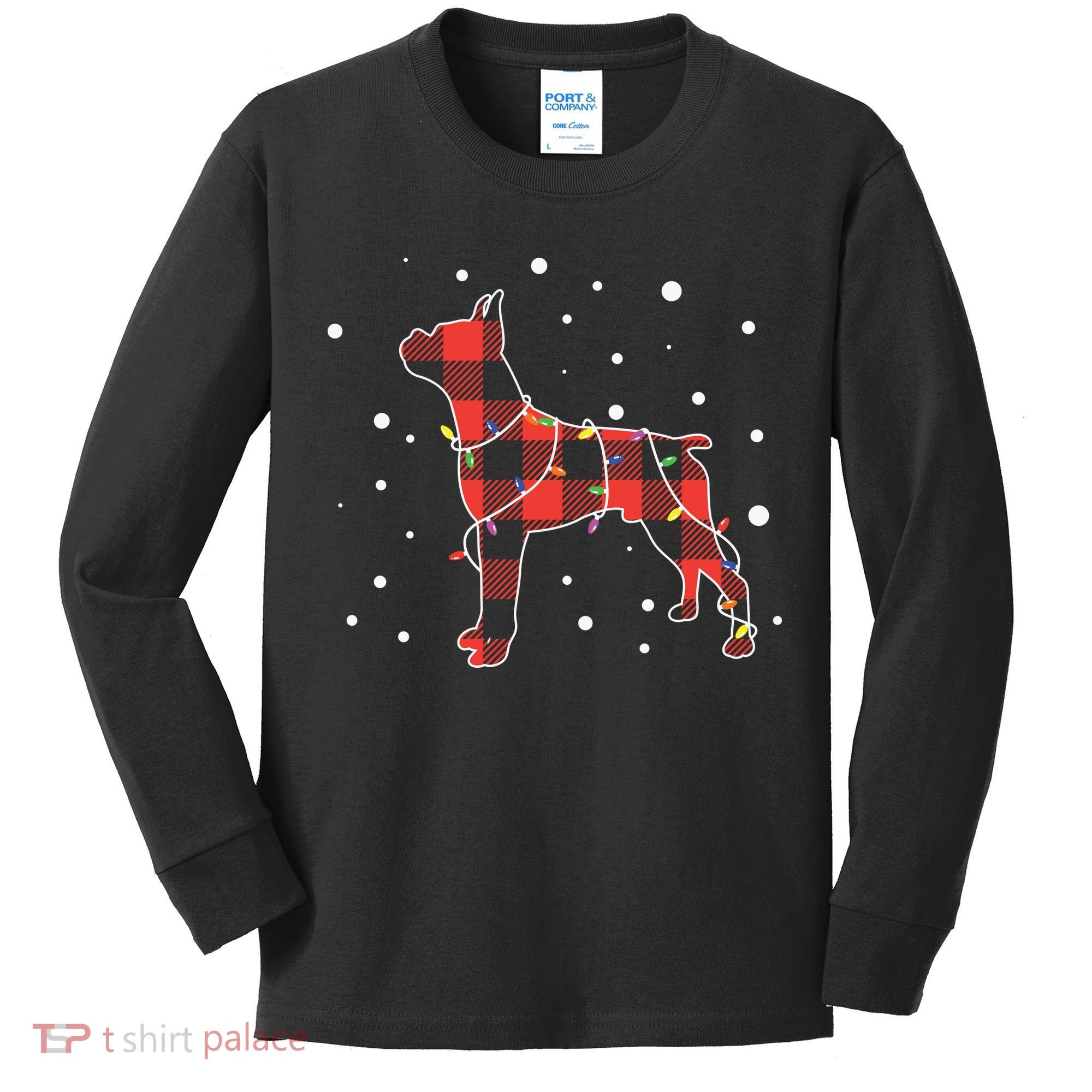 Merry Christmas Red Plaid Pitbull, Snowman, Christmas Lights, Christmas Tree Kids Long Sleeve Shirt