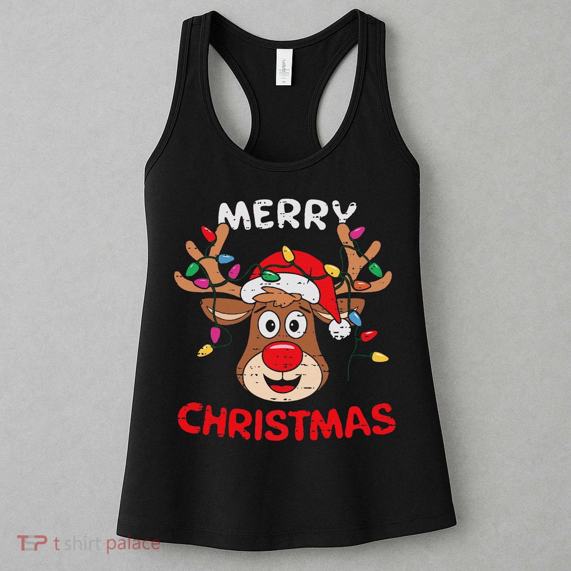 Merry Christmas Reindeer Lights Red Santa Hat Xmas Family Women's Tank Top