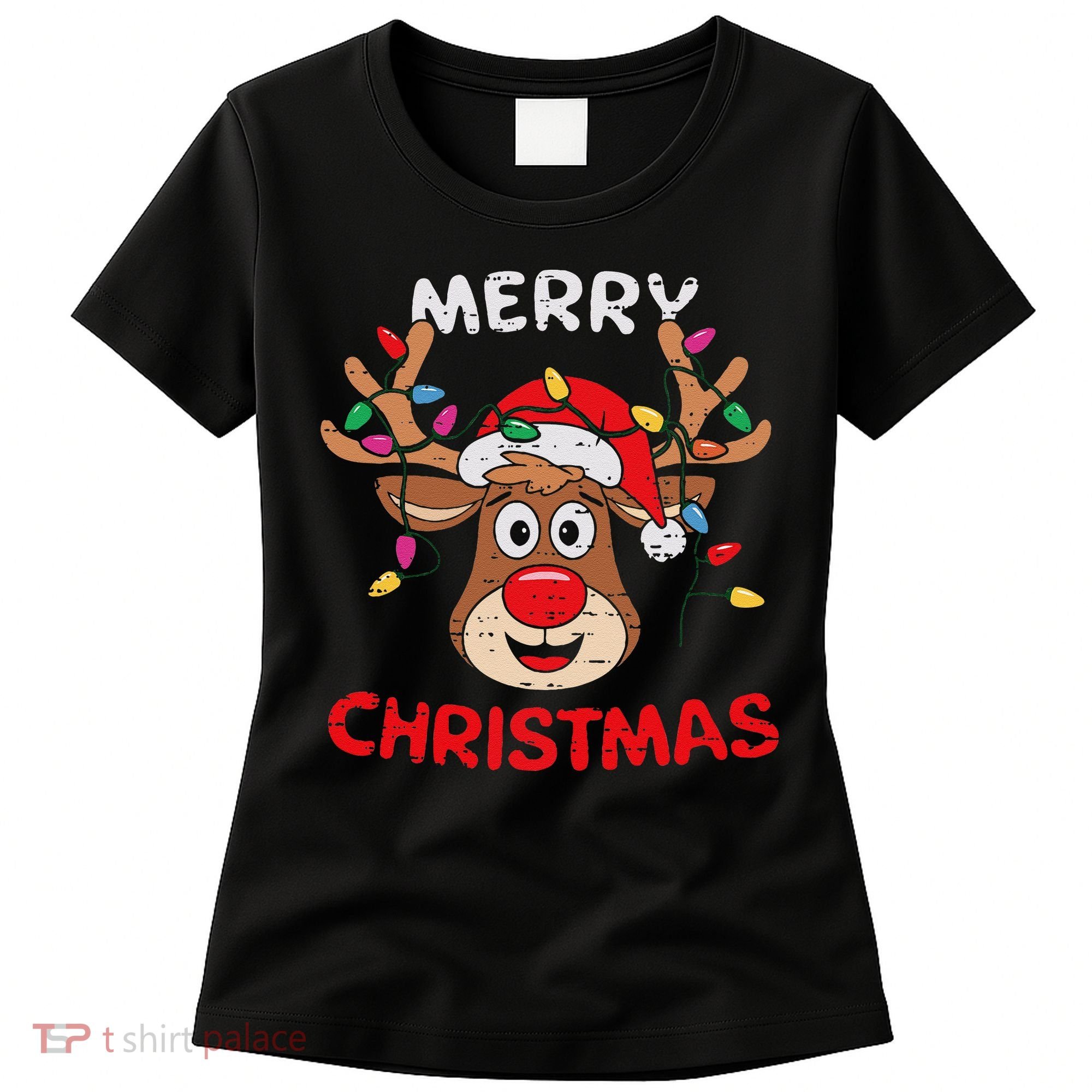 Merry Christmas Reindeer Lights Red Santa Hat Xmas Family Women's T-Shirt
