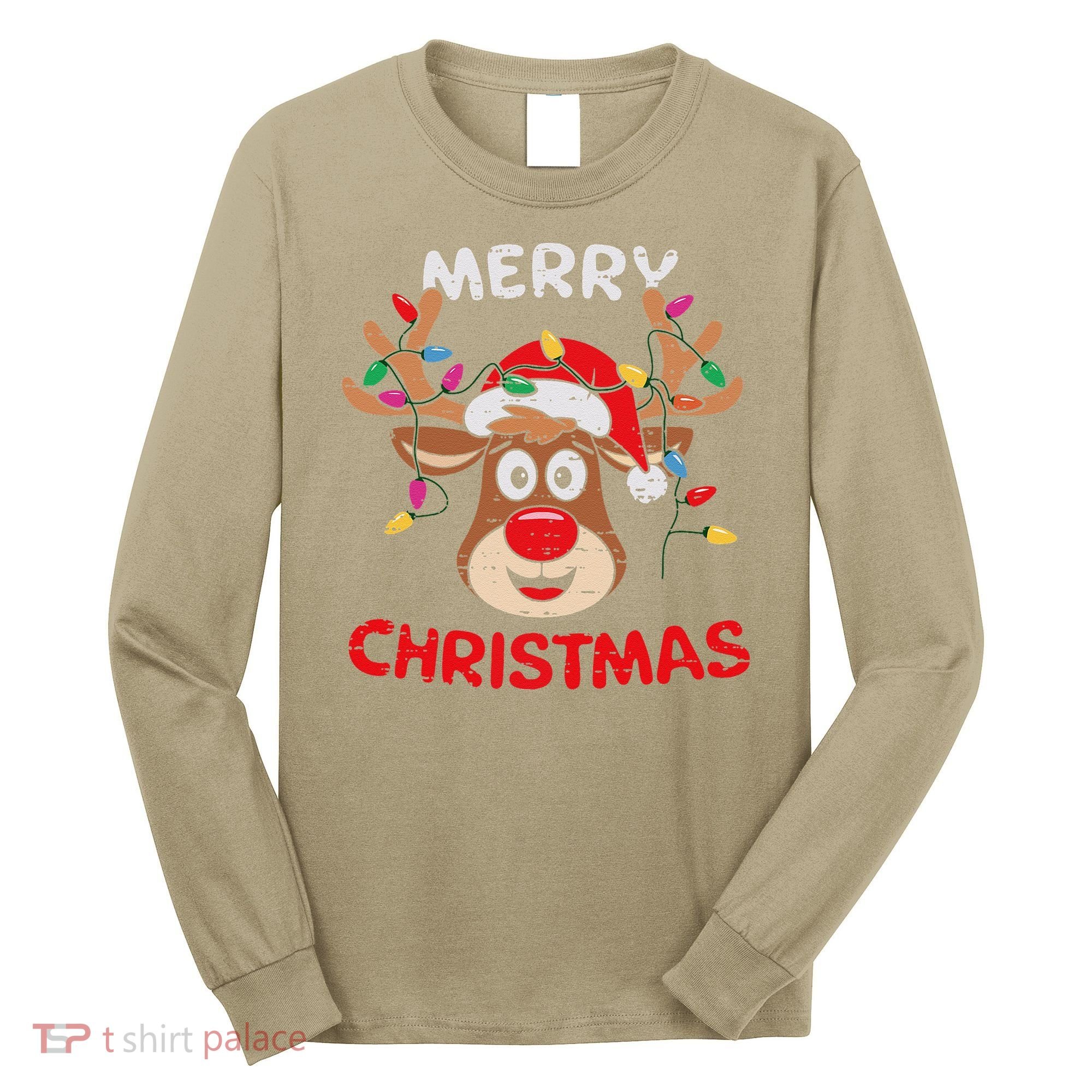 Merry Christmas Reindeer Lights Red Santa Hat Xmas Family Long Sleeve Shirt