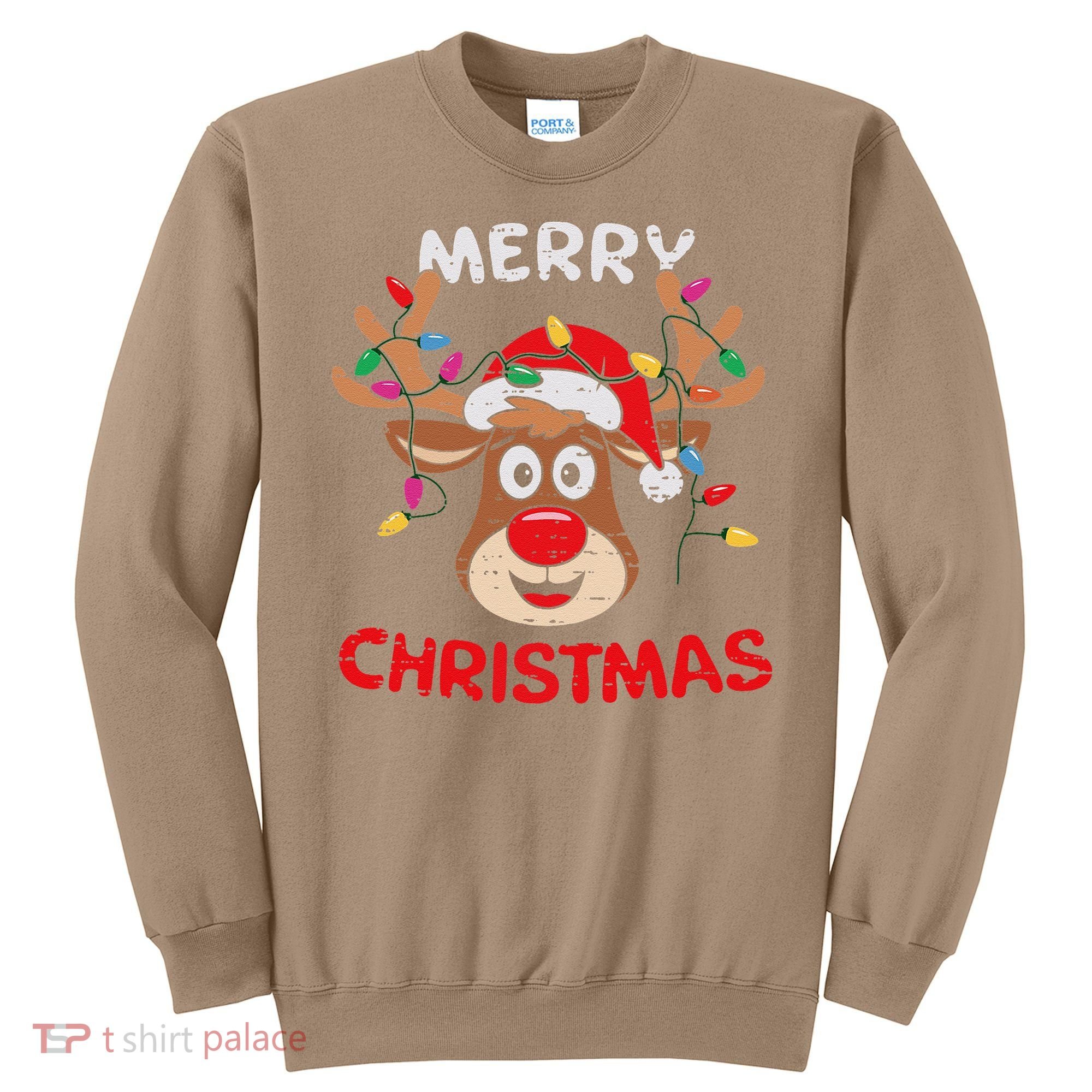 Merry Christmas Reindeer Lights Red Santa Hat Xmas Family Sweatshirt