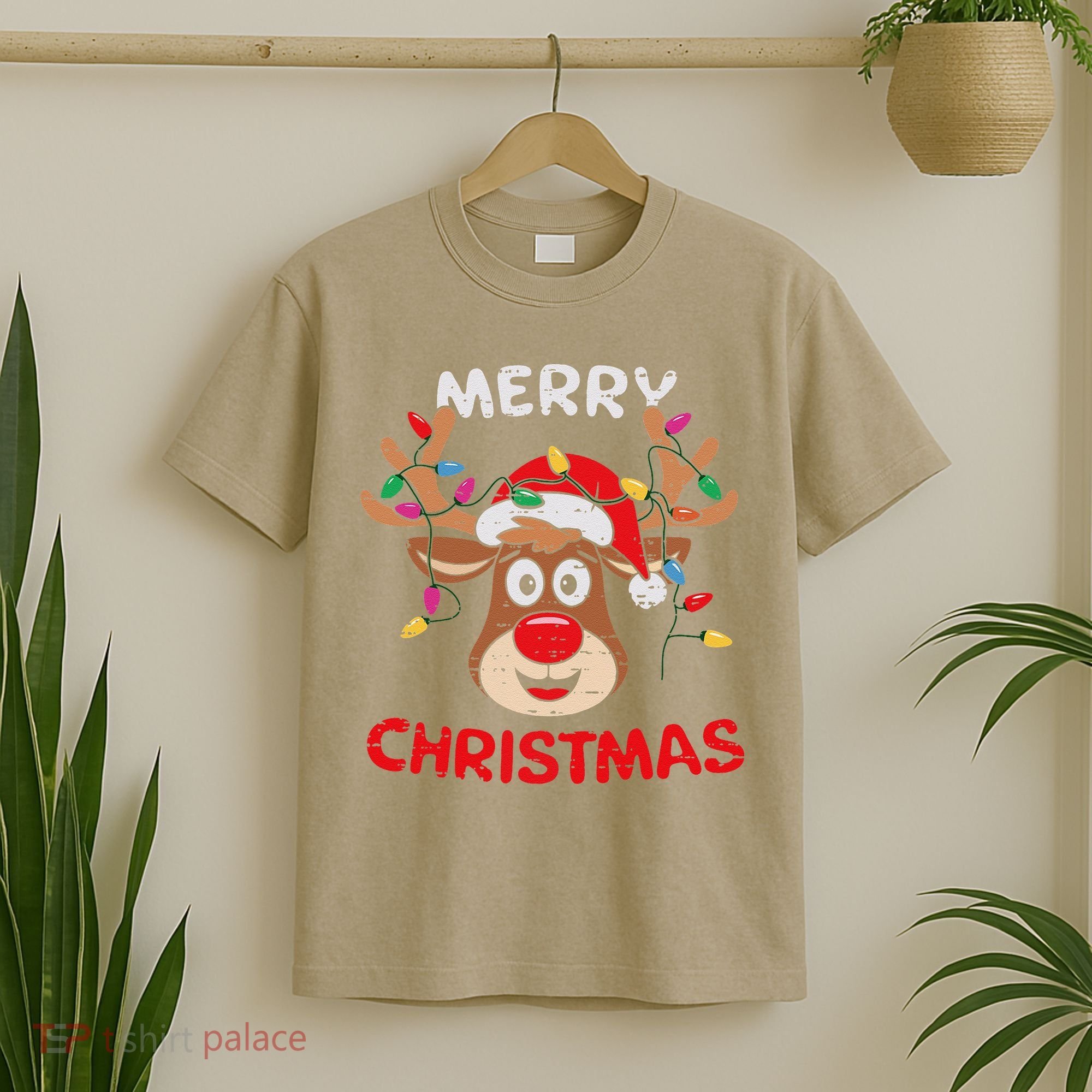 Merry Christmas Reindeer Lights Red Santa Hat Xmas Family T-Shirt