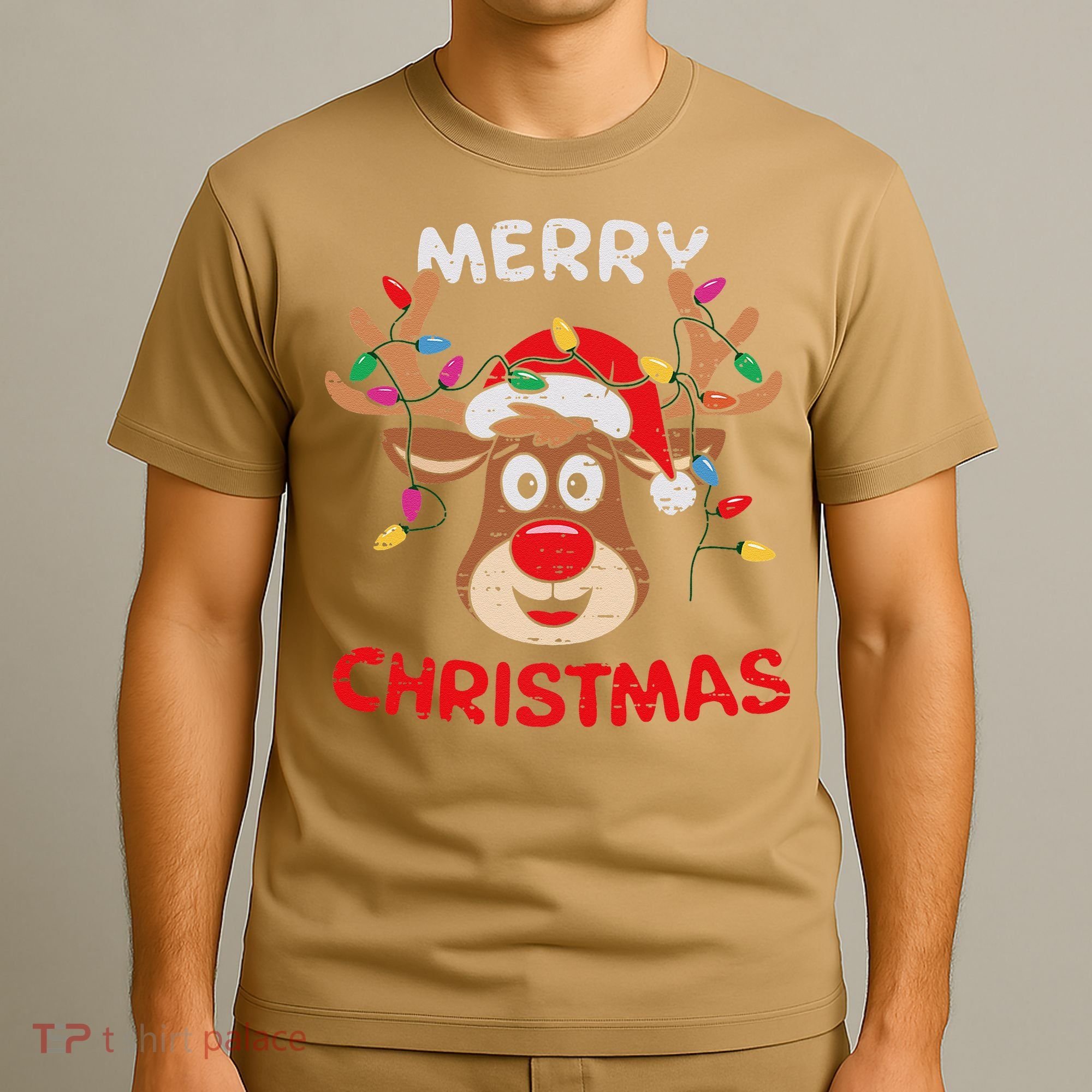 Merry Christmas Reindeer Lights Red Santa Hat Xmas Family T-Shirt