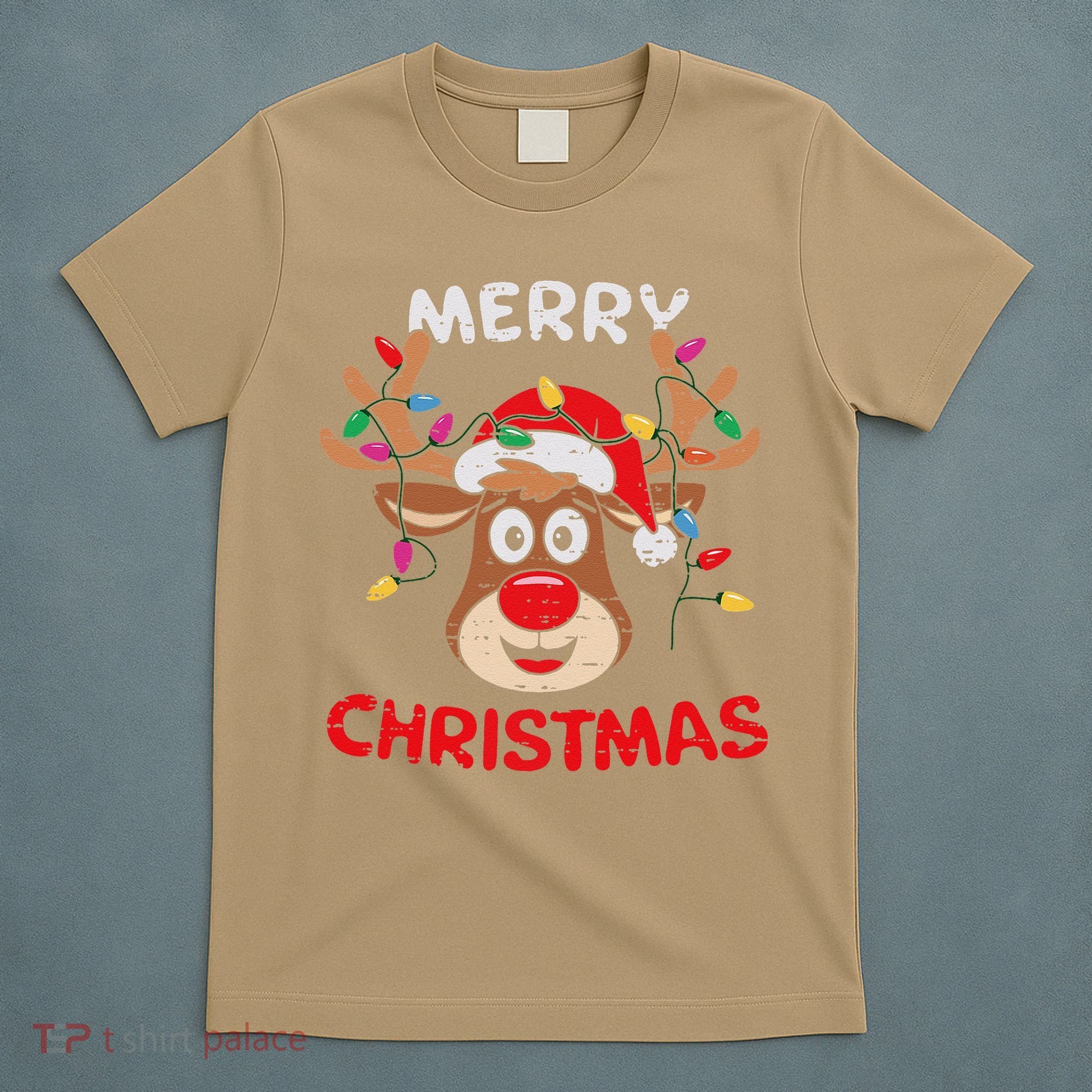 Merry Christmas Reindeer Lights Red Santa Hat Xmas Family T-Shirt